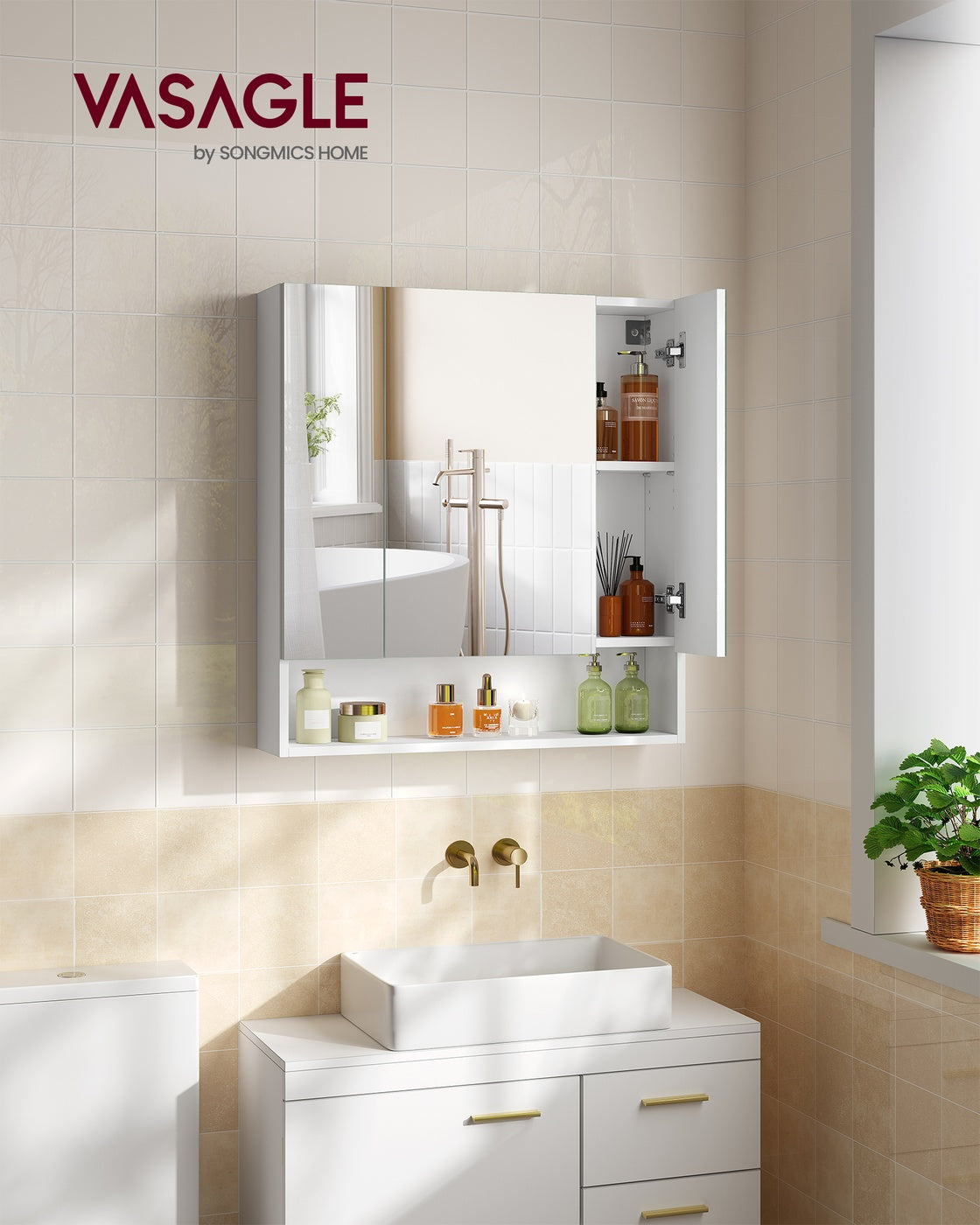 Kailyn Kollektion - Badschrank mit Spiegel und Stauraum 16,5 x 70 x 75 cm wolkenweiß