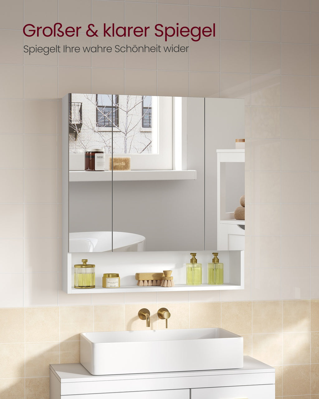 Kailyn Kollektion - Badschrank mit Spiegel und Stauraum 16,5 x 70 x 75 cm wolkenweiß