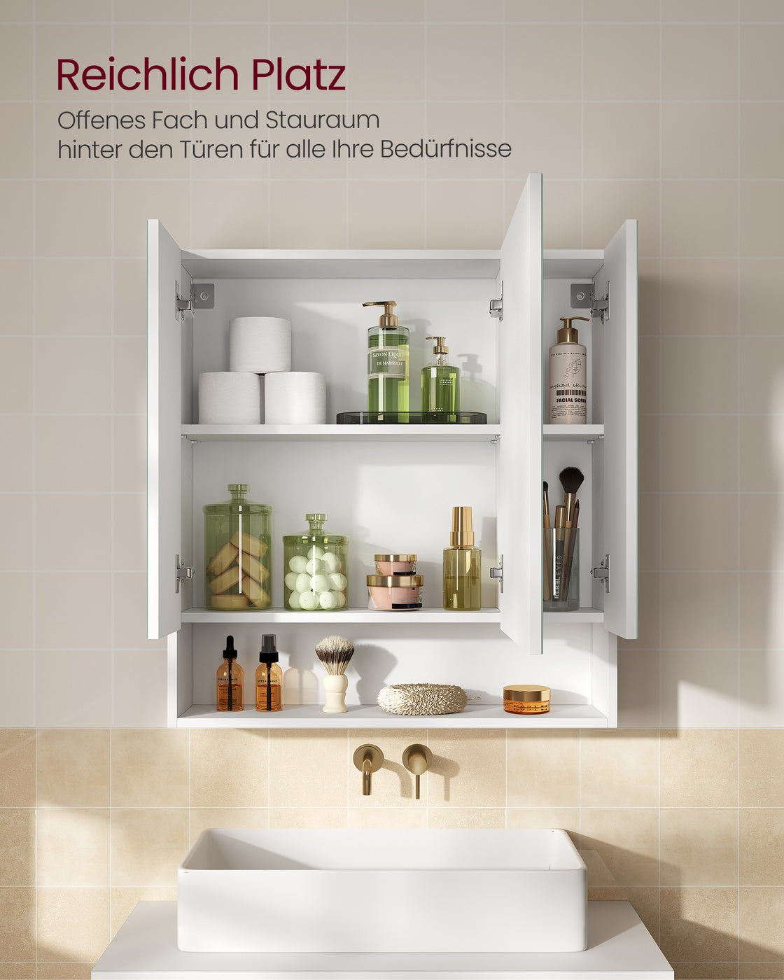 Kailyn Kollektion - Badschrank mit Spiegel und Stauraum 16,5 x 70 x 75 cm wolkenweiß