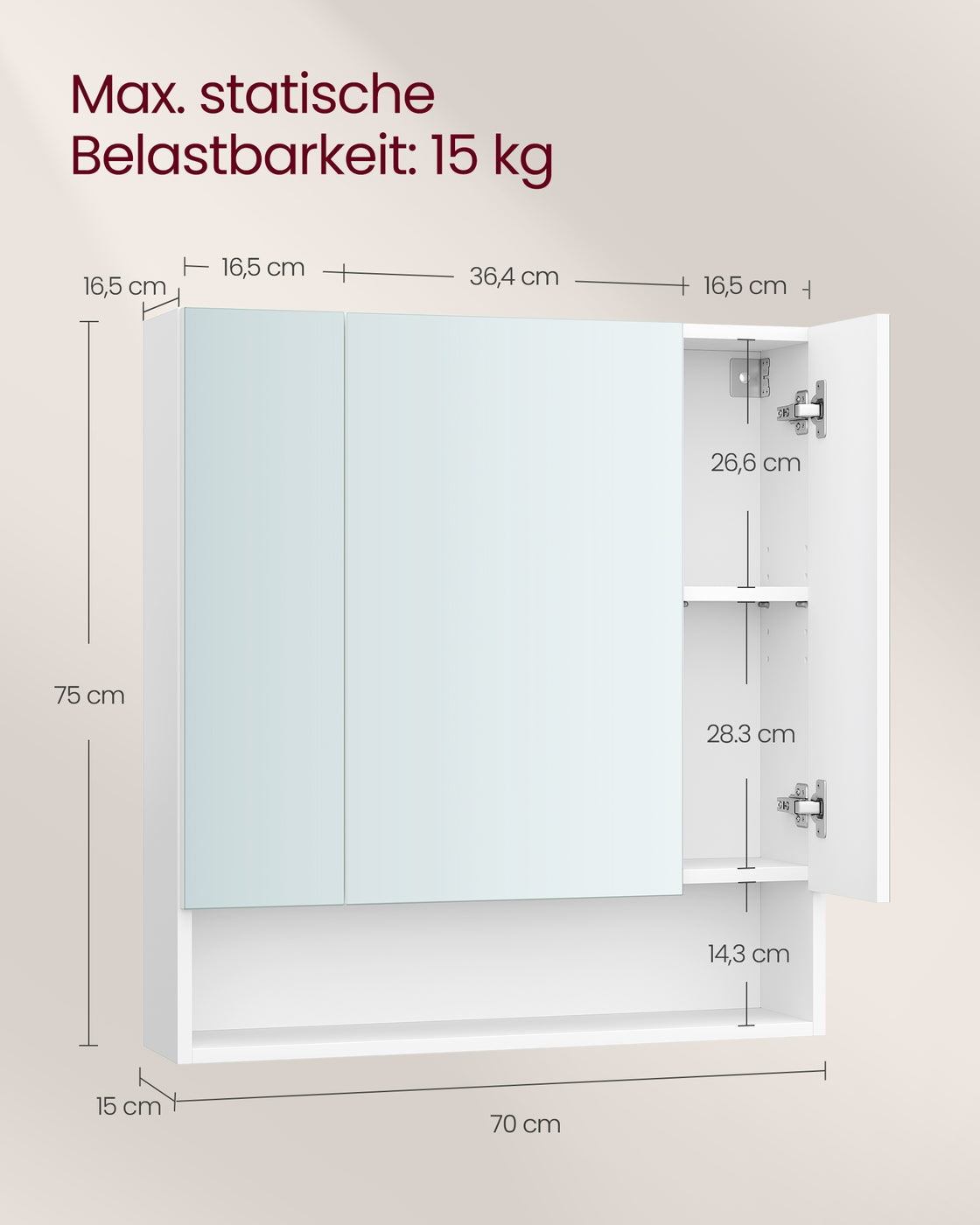 Kailyn Kollektion - Badschrank mit Spiegel und Stauraum 16,5 x 70 x 75 cm wolkenweiß