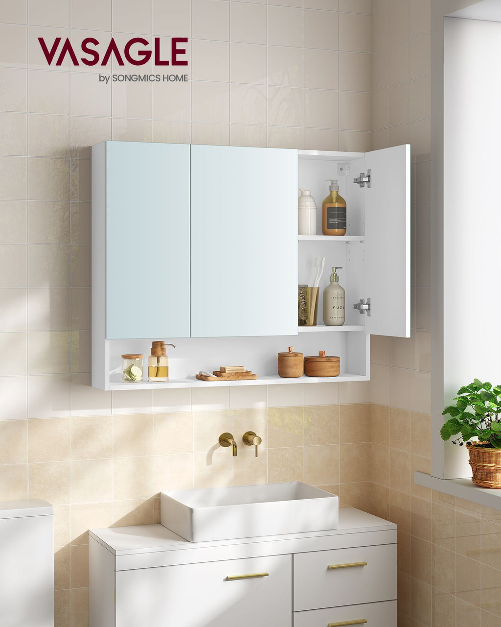 Badezimmerschrank mit 3 Türen 16,5 x 90 x 75 cm wolkenweiß