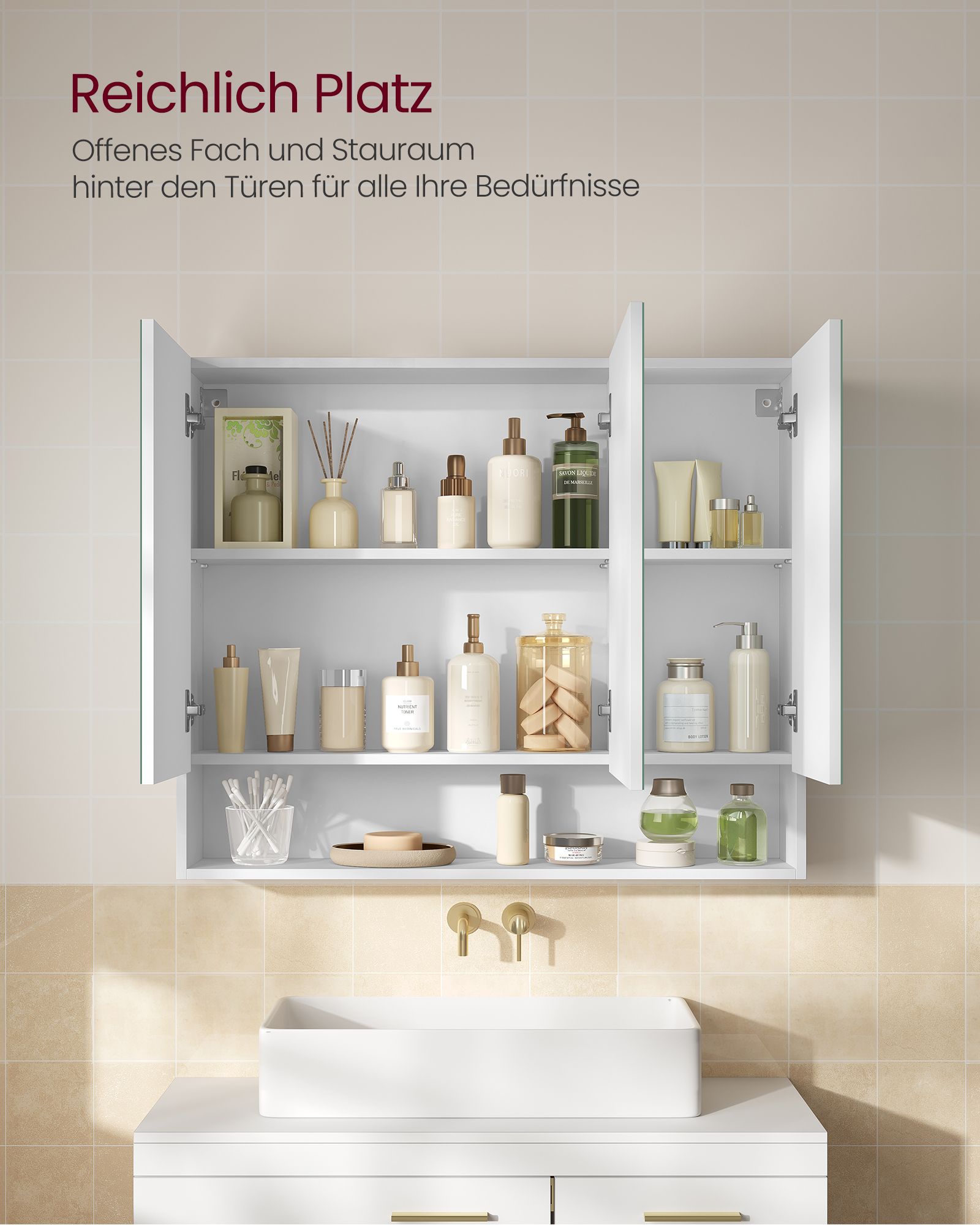 Badezimmerschrank mit 3 Türen 16,5 x 90 x 75 cm wolkenweiß