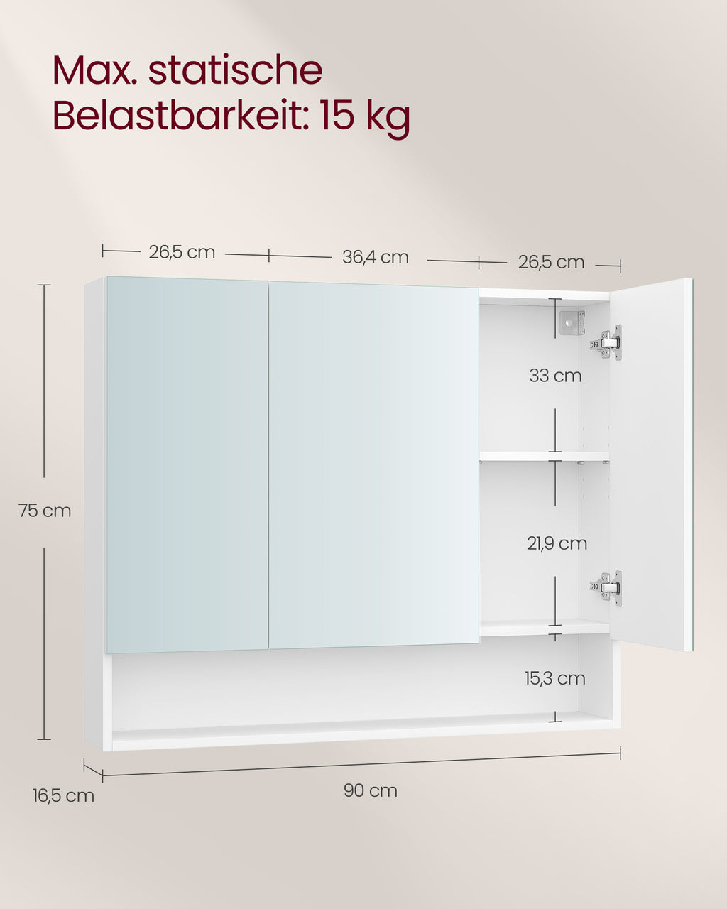 Badezimmerschrank mit 3 Türen 16,5 x 90 x 75 cm wolkenweiß
