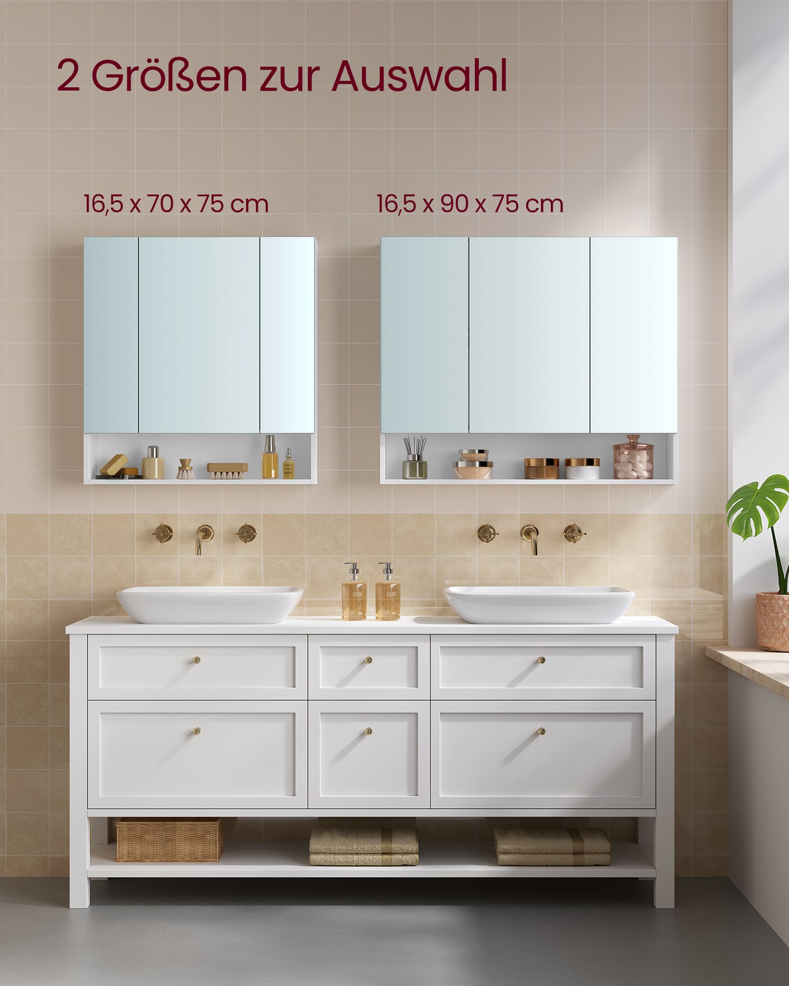 Badezimmerschrank mit 3 Türen 16,5 x 90 x 75 cm wolkenweiß