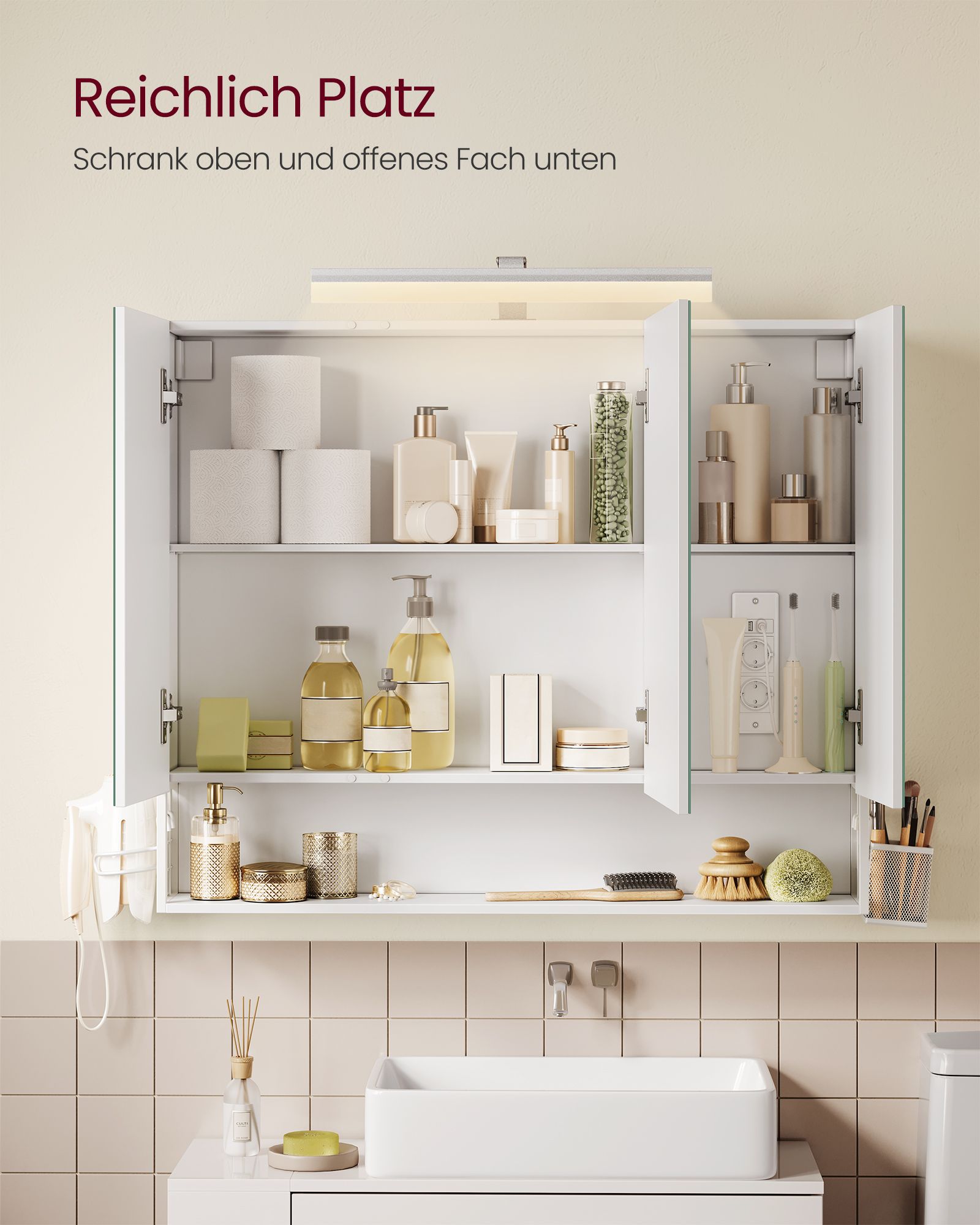 Badezimmerschrank mit 3 Türen 16,5 x 90 x 75 cm wolkenweiß