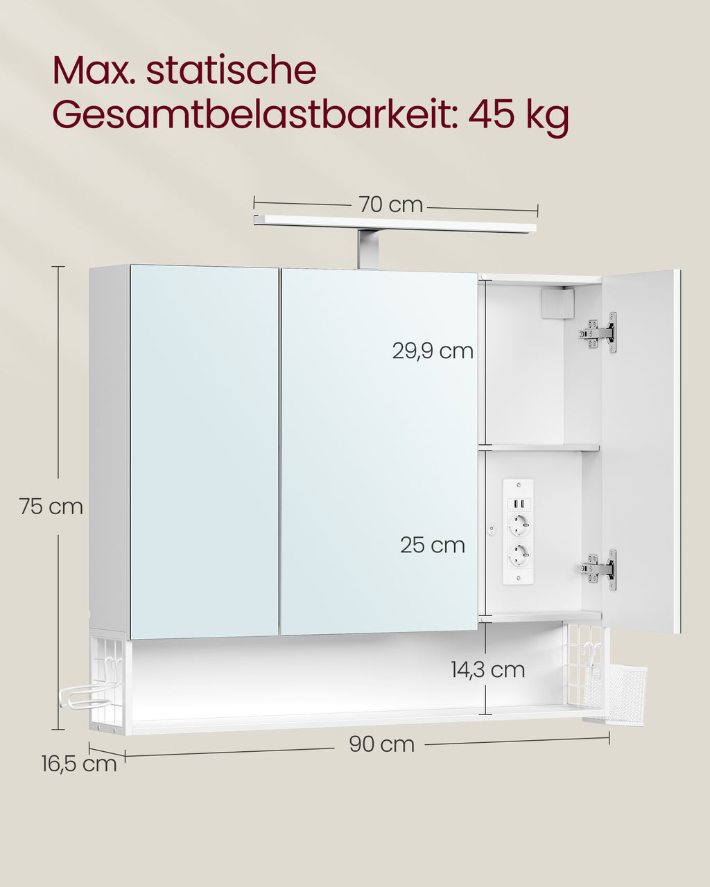 Badezimmerschrank mit 3 Türen 16,5 x 90 x 75 cm wolkenweiß