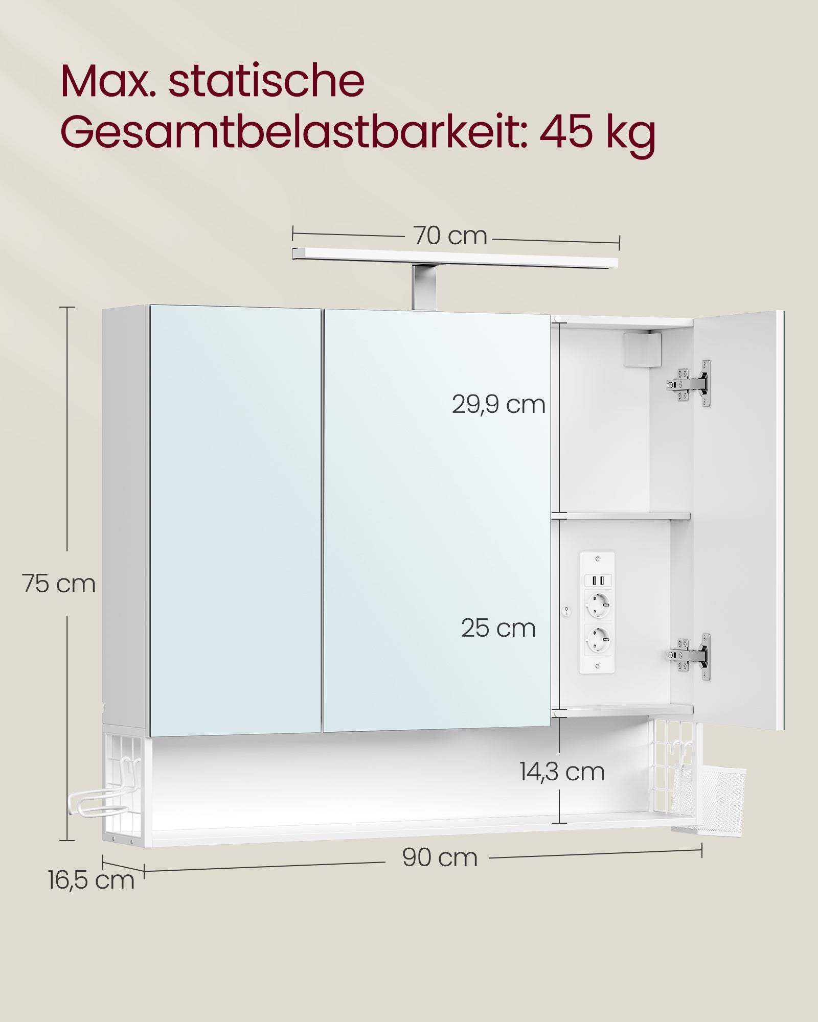 Badezimmerschrank mit 3 Türen 16,5 x 90 x 75 cm wolkenweiß