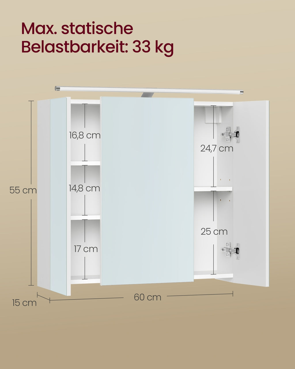 KAILYN Kollektion - Spiegelschrank Bad mit Beleuchtung, Badezimmerschrank mit 3 Türen