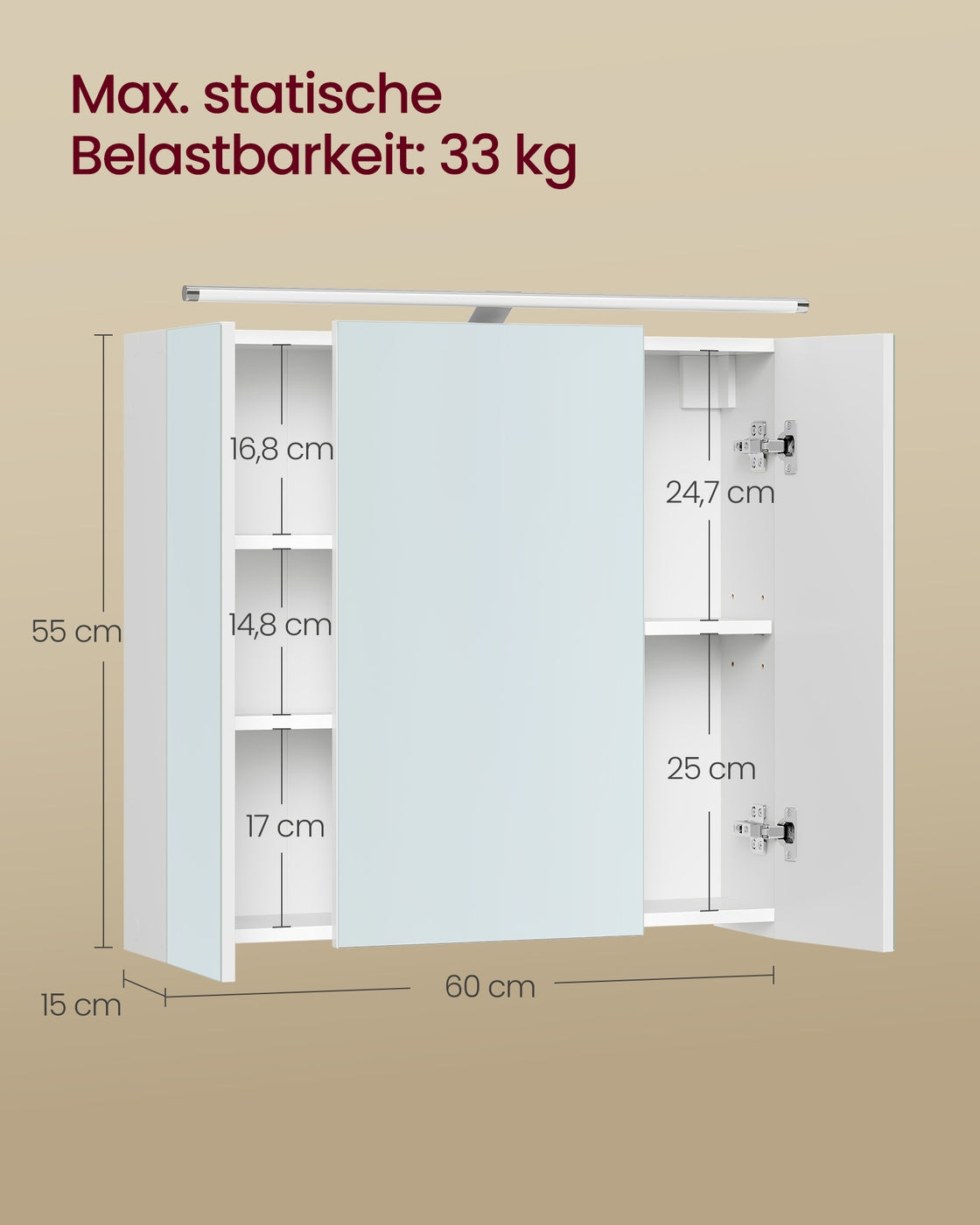 KAILYN Kollektion - Spiegelschrank Bad mit Beleuchtung, Badezimmerschrank mit 3 Türen