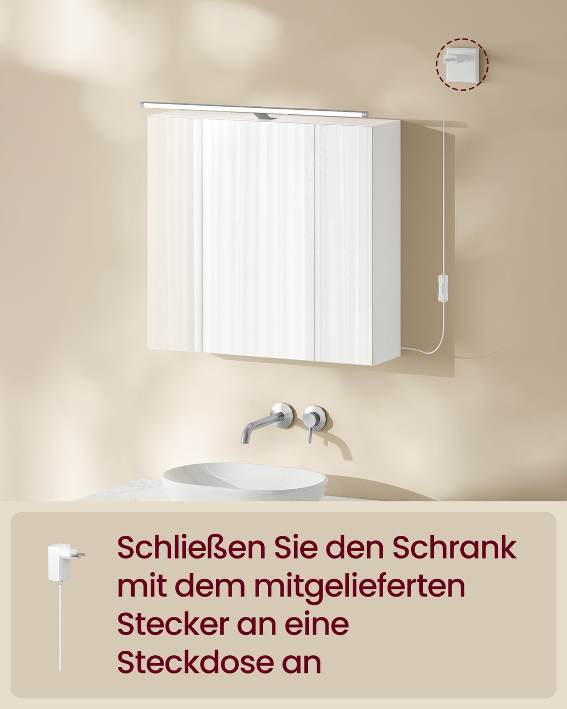 KAILYN Kollektion - Spiegelschrank Bad mit Beleuchtung, Badezimmerschrank mit 3 Türen