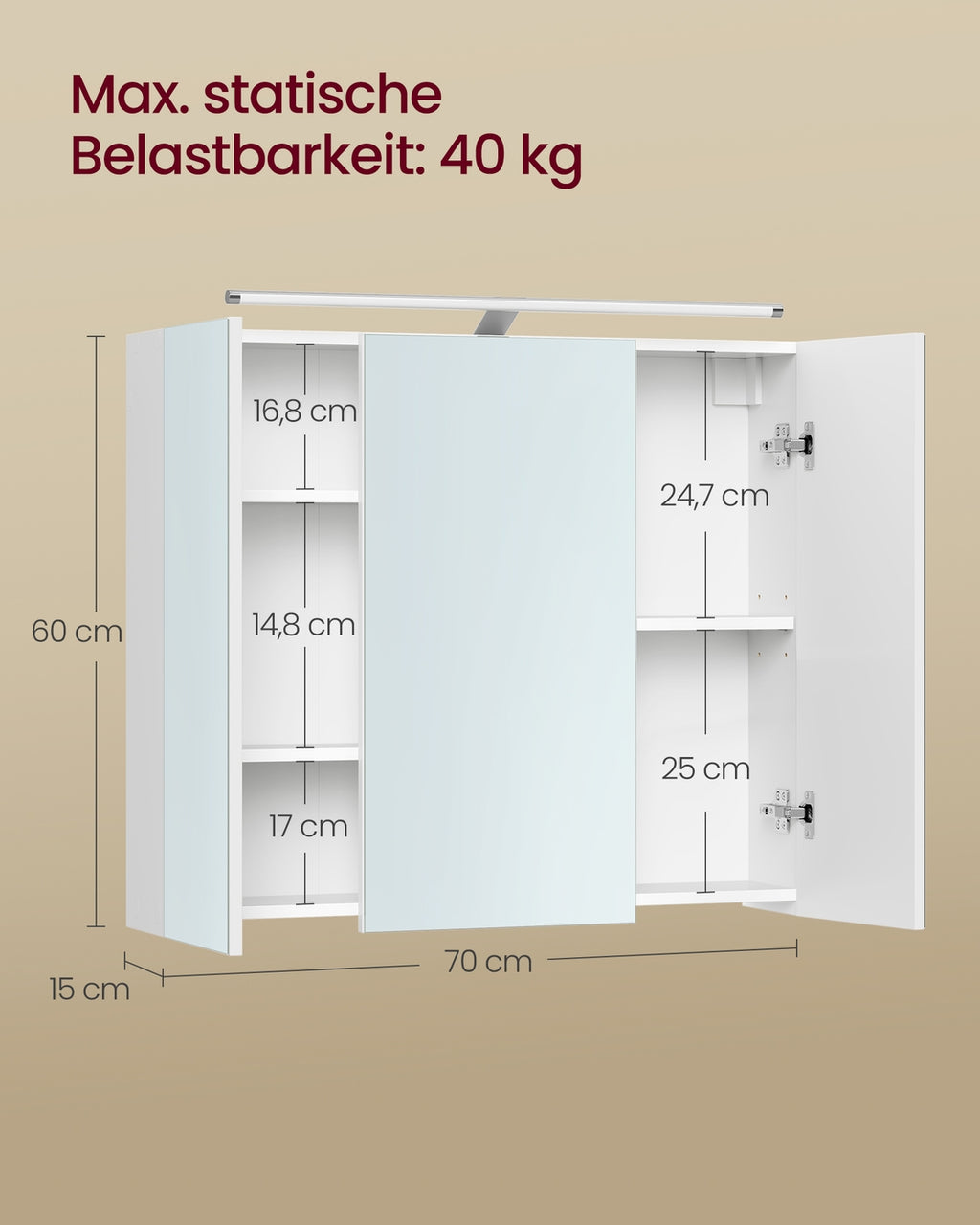 KAILYN Kollektion - Spiegelschrank Bad mit Beleuchtung, Badezimmerschrank mit 3 Türen