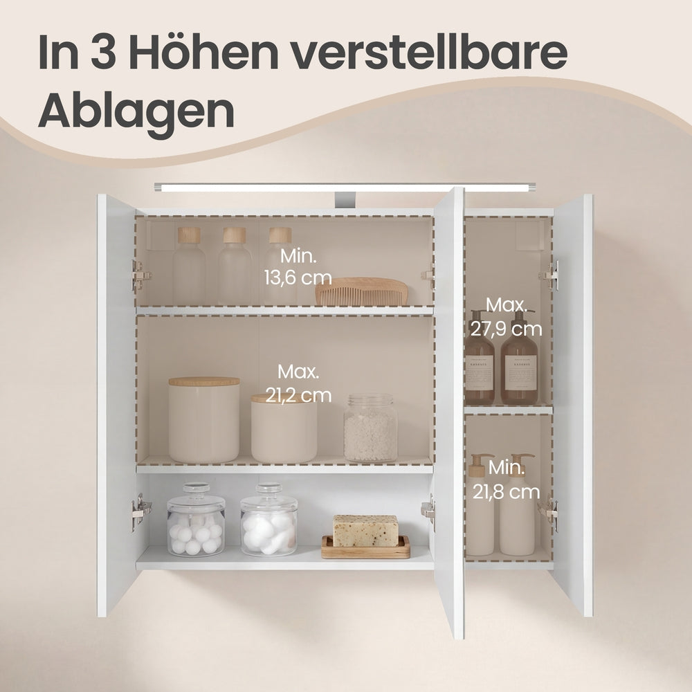 Spiegelschrank, Hängeschrank mit verstellbaren Ablagen, Beleuchtung