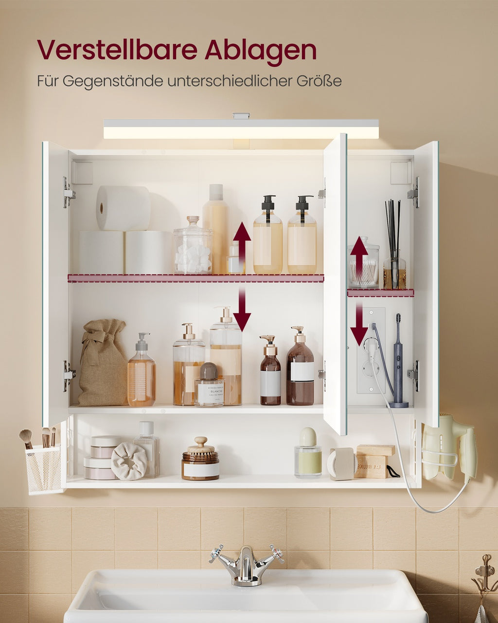 Spiegelschrank weiß 80x16,5x75 cm 3 Spiegeltüren Beleuchtung