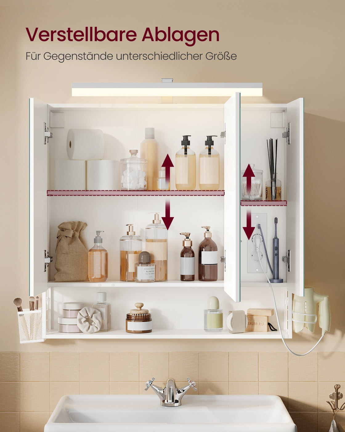 Spiegelschrank weiß 80x16,5x75 cm 3 Spiegeltüren Beleuchtung