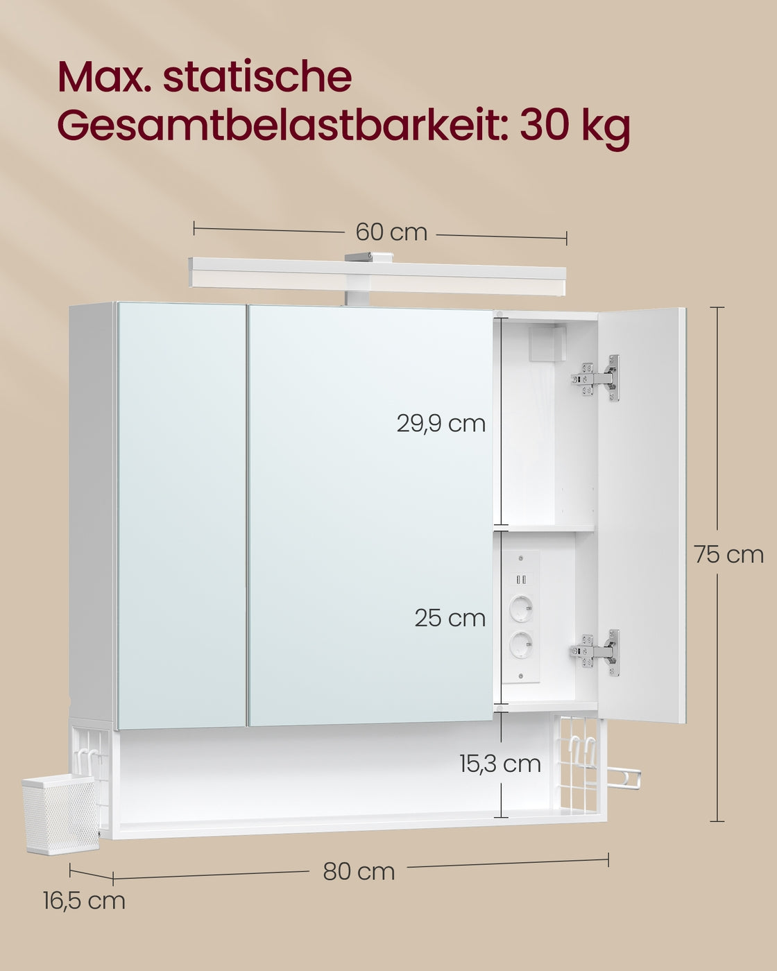 Spiegelschrank weiß 80x16,5x75 cm 3 Spiegeltüren Beleuchtung