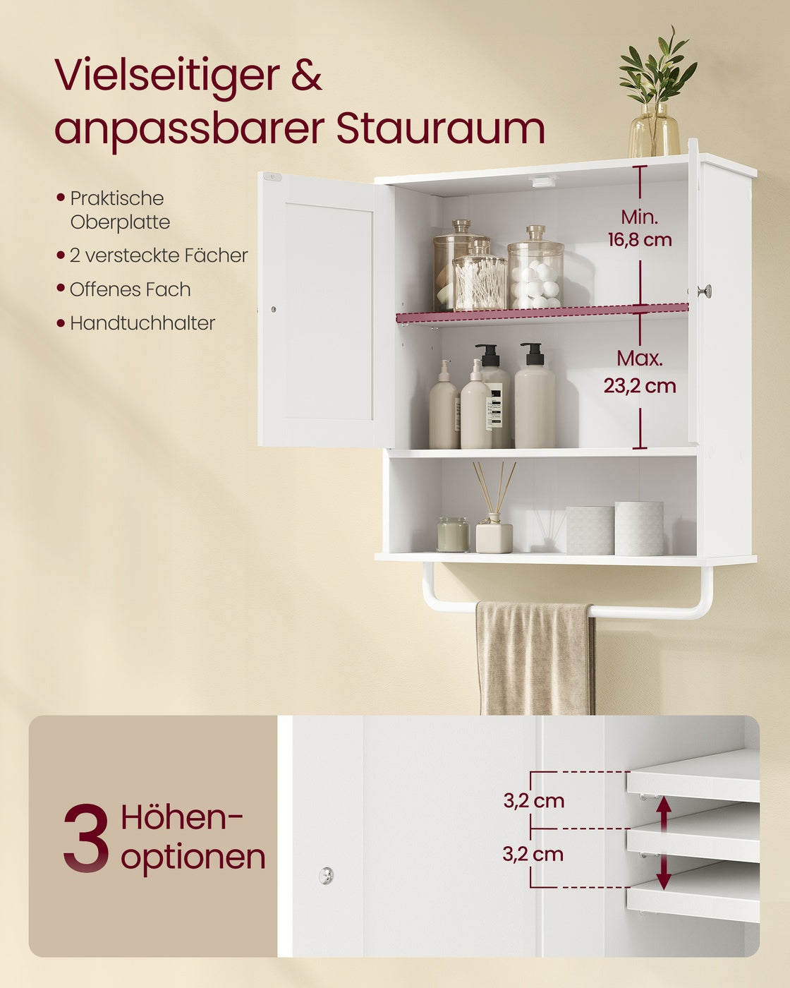 SIREN Kollektion - Hängeschrank, Badezimmerschrank mit Handtuchhalter，Wandschrank, offenes Fach, verstellbare Ablage