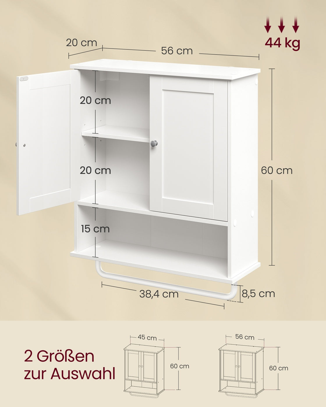 SIREN Kollektion - Hängeschrank, Badezimmerschrank mit Handtuchhalter，Wandschrank, offenes Fach, verstellbare Ablage