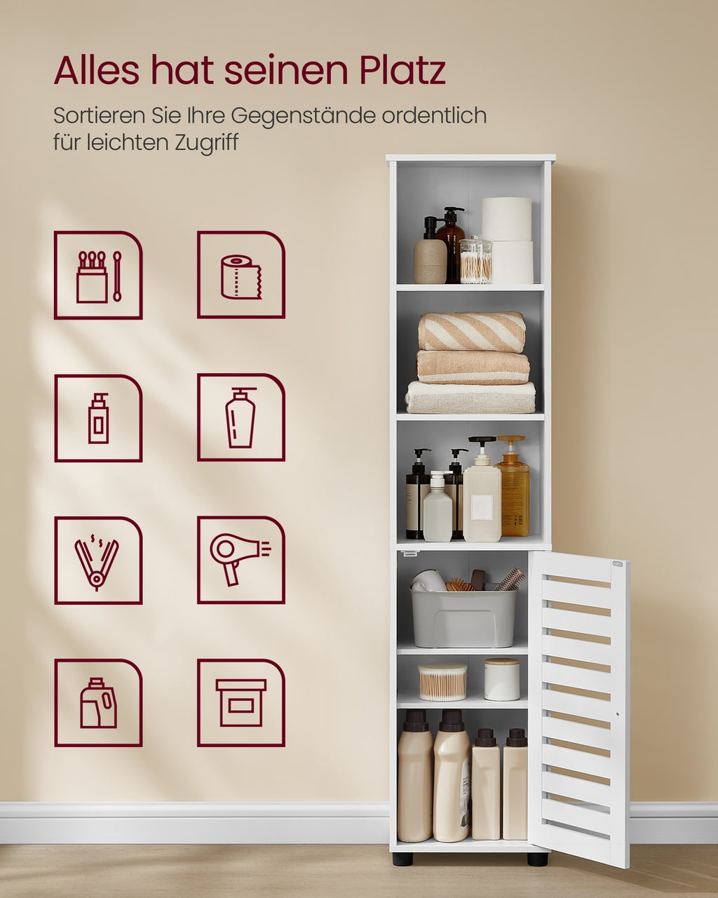 Hoher Badezimmerschrank mit offenen Fächern und verstellbaren Ablagen wolkenweiß