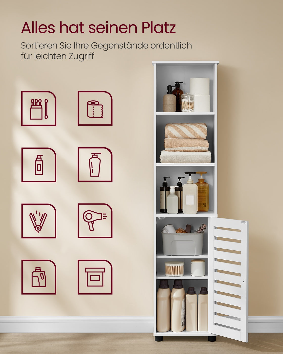 Hoher Badezimmerschrank mit offenen Fächern und verstellbaren Ablagen wolkenweiß