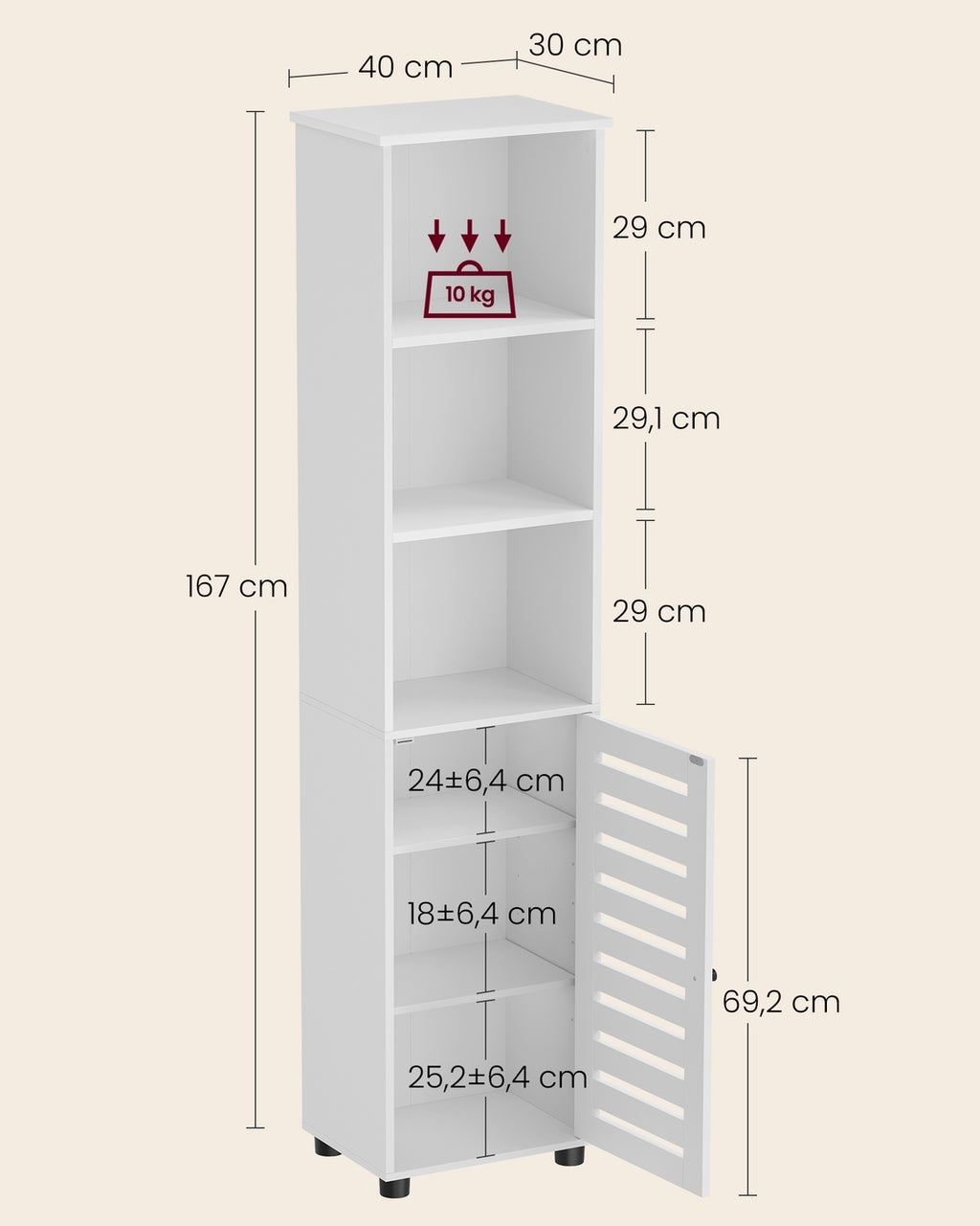 Hoher Badezimmerschrank mit offenen Fächern und verstellbaren Ablagen wolkenweiß