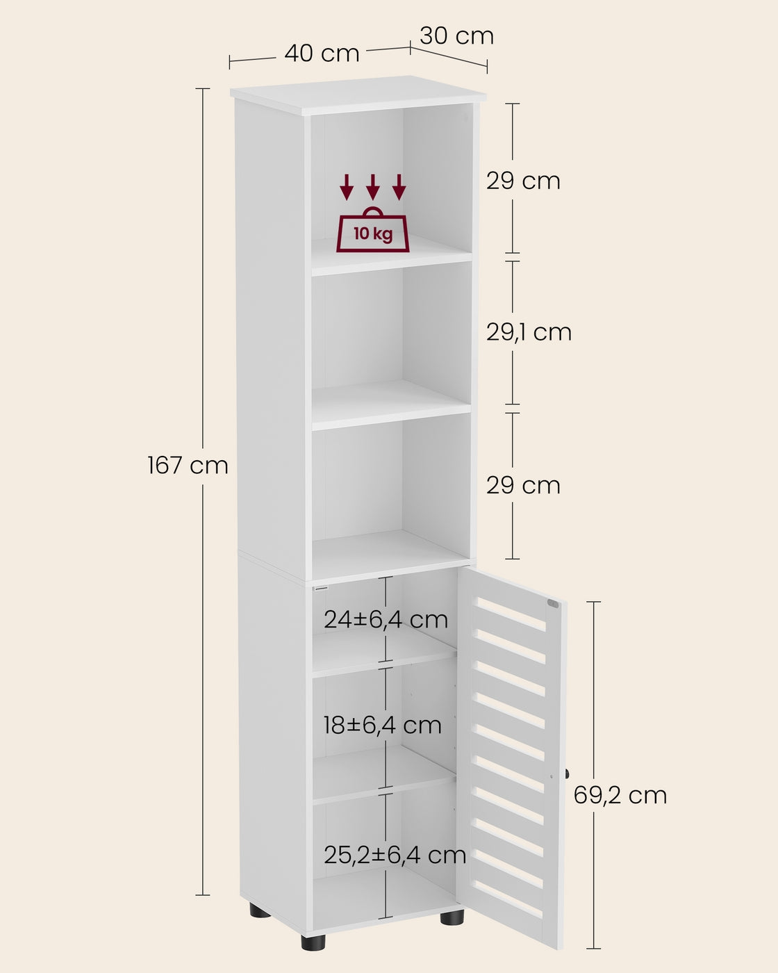 Hoher Badezimmerschrank mit offenen Fächern und verstellbaren Ablagen wolkenweiß