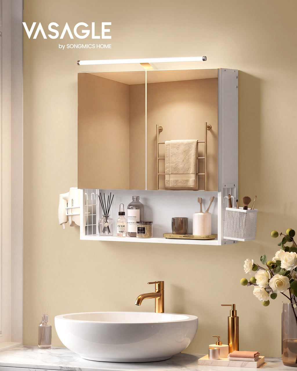Spiegelschrank wolkenweiß 13x56x58 cm 2 Spiegeltüren Beleuchtung