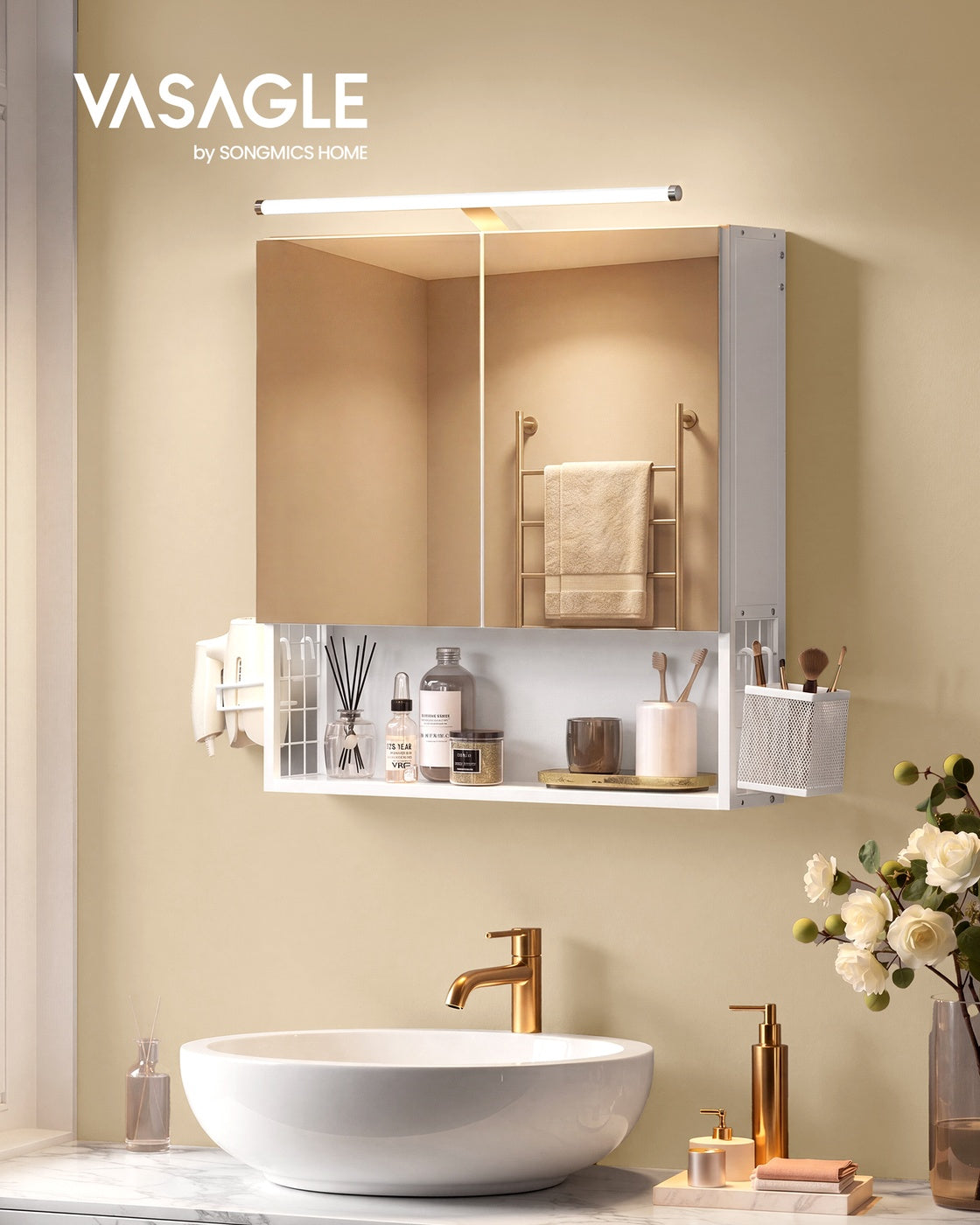 Spiegelschrank wolkenweiß 13x56x58 cm 2 Spiegeltüren Beleuchtung