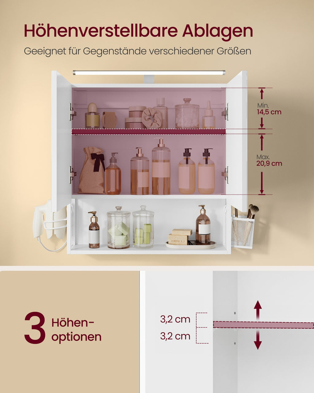 Spiegelschrank wolkenweiß 13x56x58 cm 2 Spiegeltüren Beleuchtung