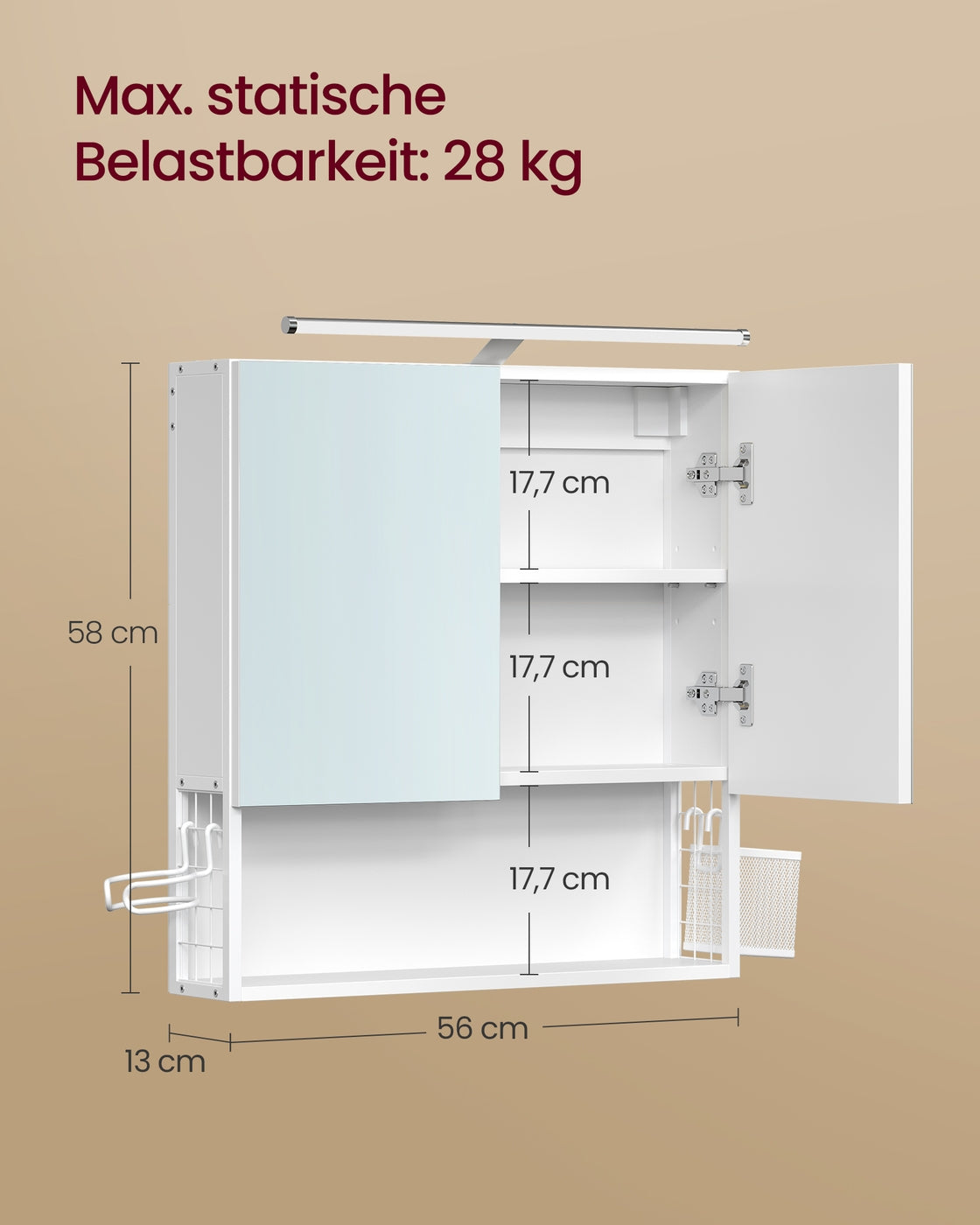 Spiegelschrank wolkenweiß 13x56x58 cm 2 Spiegeltüren Beleuchtung