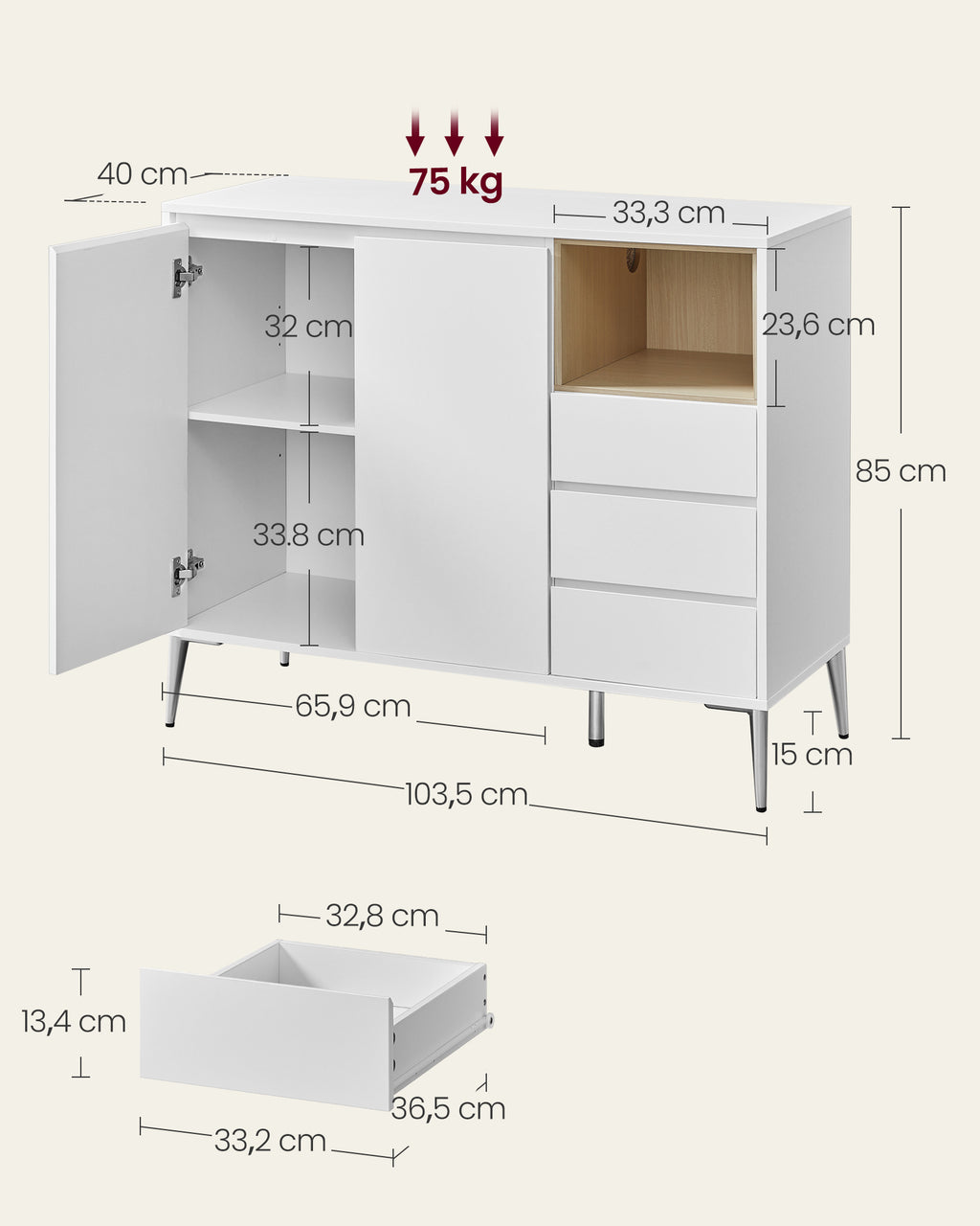 Kailyn Kollektion - Aufbewahrungsschrank mit Türen 40 x 103,3 x 74,5 cm wolkenweiß