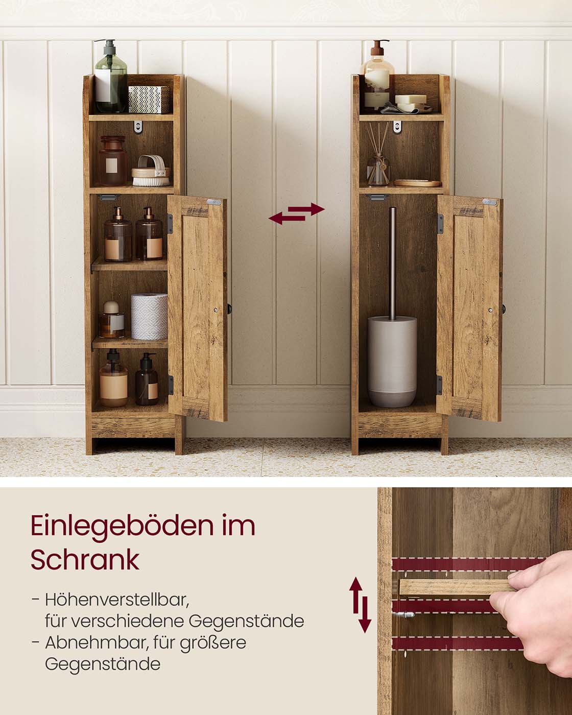 Schmaler Badezimmerschrank mit Tür und Regal für kleines Bad
