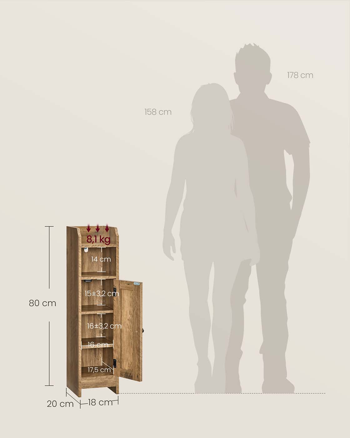 Schmaler Badezimmerschrank mit Tür und Regal für kleines Bad