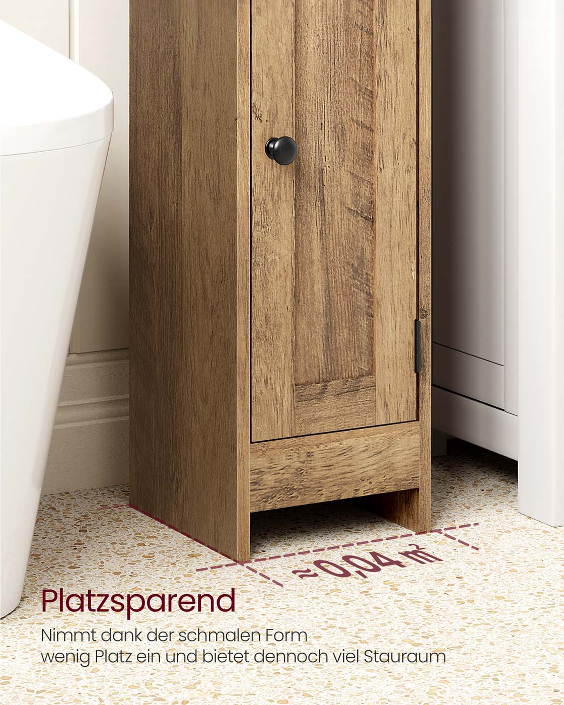 Schmaler Badezimmerschrank mit Tür und Regal für kleines Bad