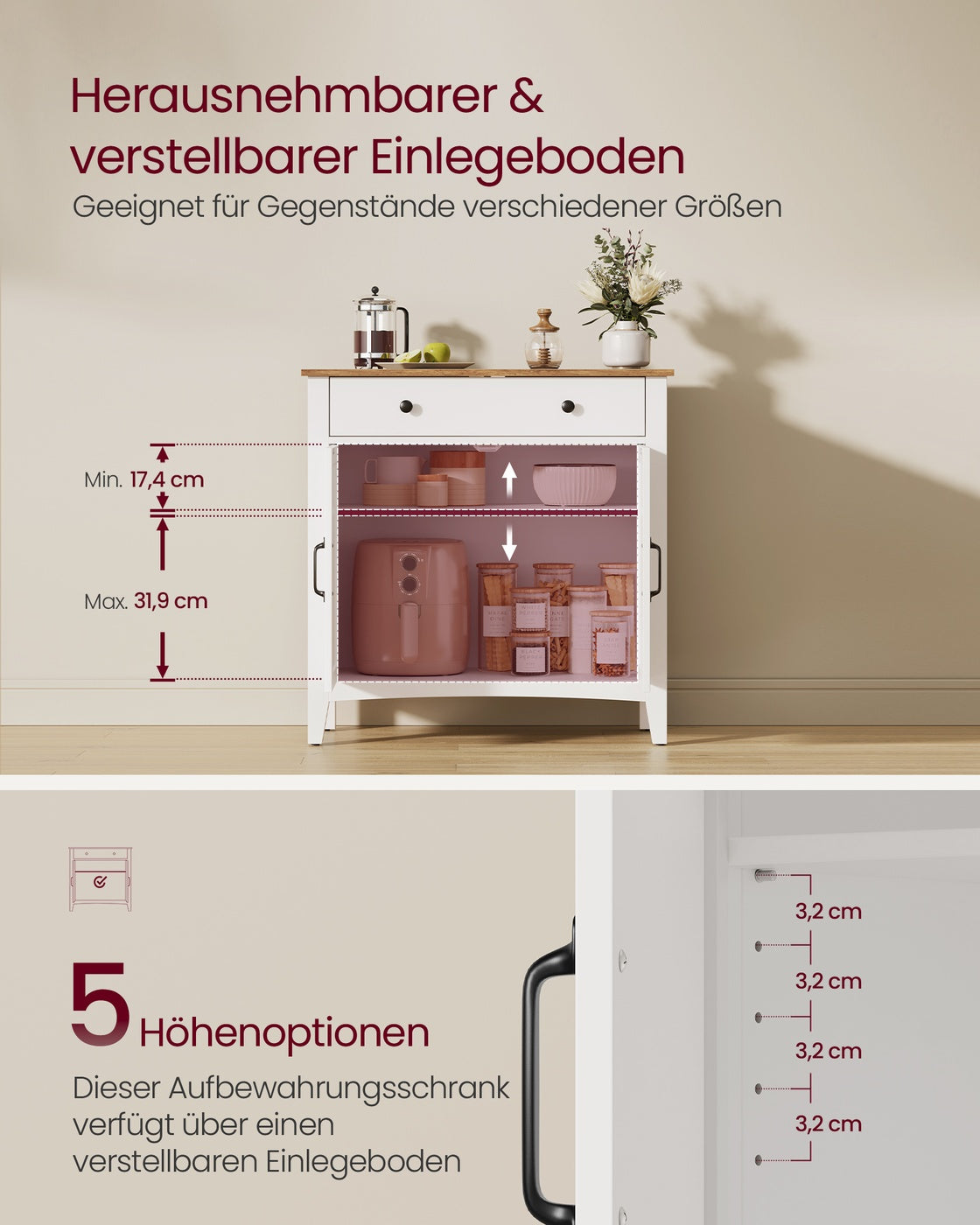 Küchenschrank mit Schubladen und Türen wolkenweiß-honigbraun