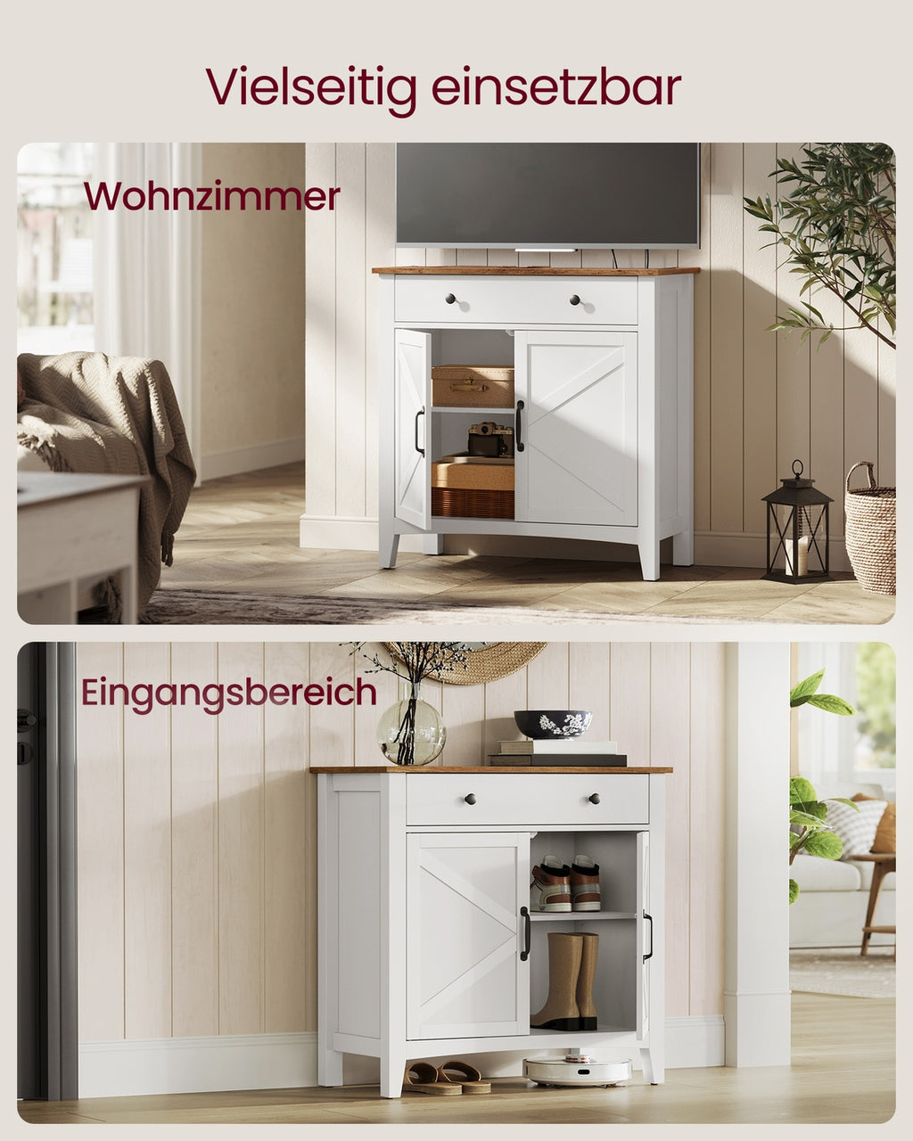 Küchenschrank mit Schubladen und Türen wolkenweiß-honigbraun