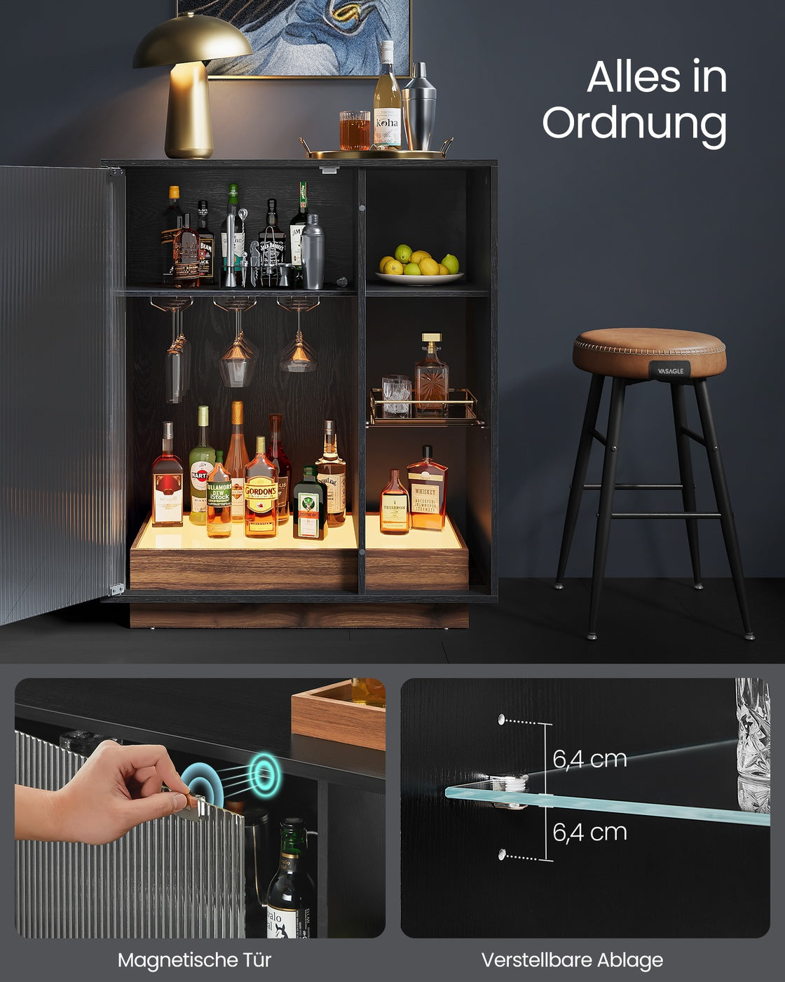 Weinschrank mit Beleuchtung und Weinglashalter geriffelte Glastür ebenholzschwarz