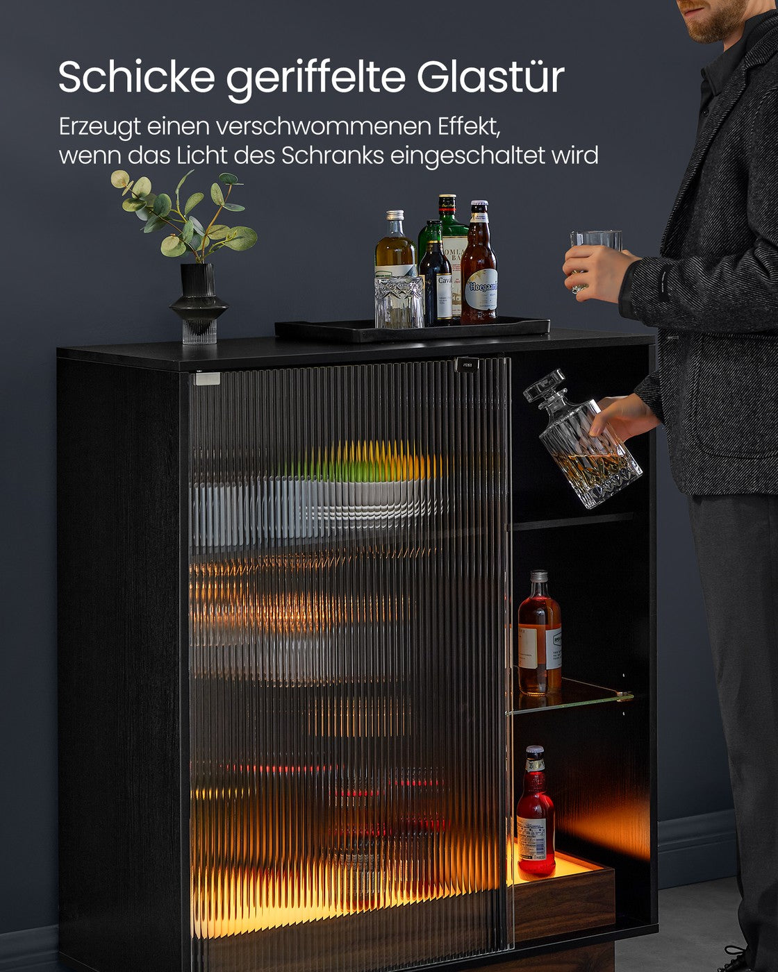 Weinschrank mit Beleuchtung und Weinglashalter geriffelte Glastür ebenholzschwarz