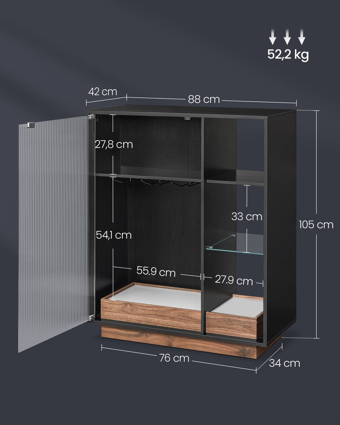 Weinschrank mit Beleuchtung und Weinglashalter geriffelte Glastür ebenholzschwarz