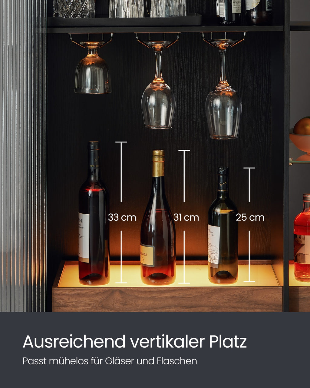 Weinschrank mit Beleuchtung und Weinglashalter geriffelte Glastür ebenholzschwarz