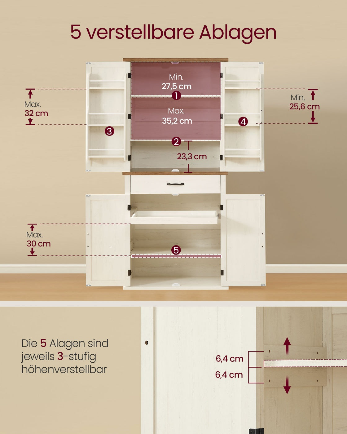 Küchenschrank 178,6 cm hoch mit Schiebetüren Landhausstil vintageweiß