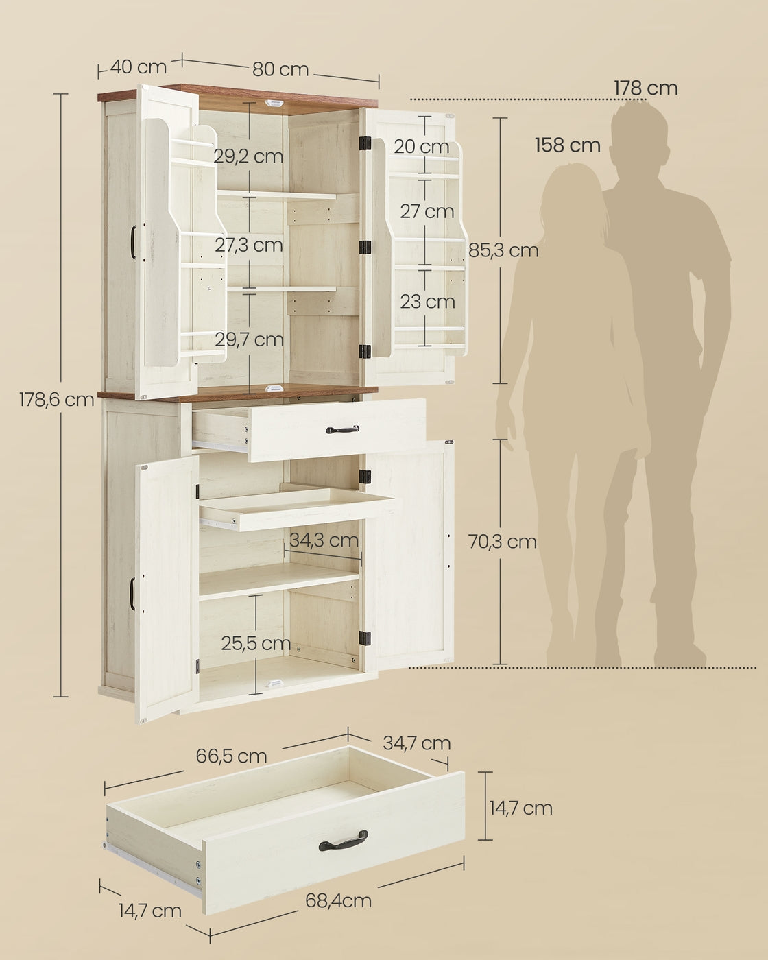 Küchenschrank 178,6 cm hoch mit Schiebetüren Landhausstil vintageweiß