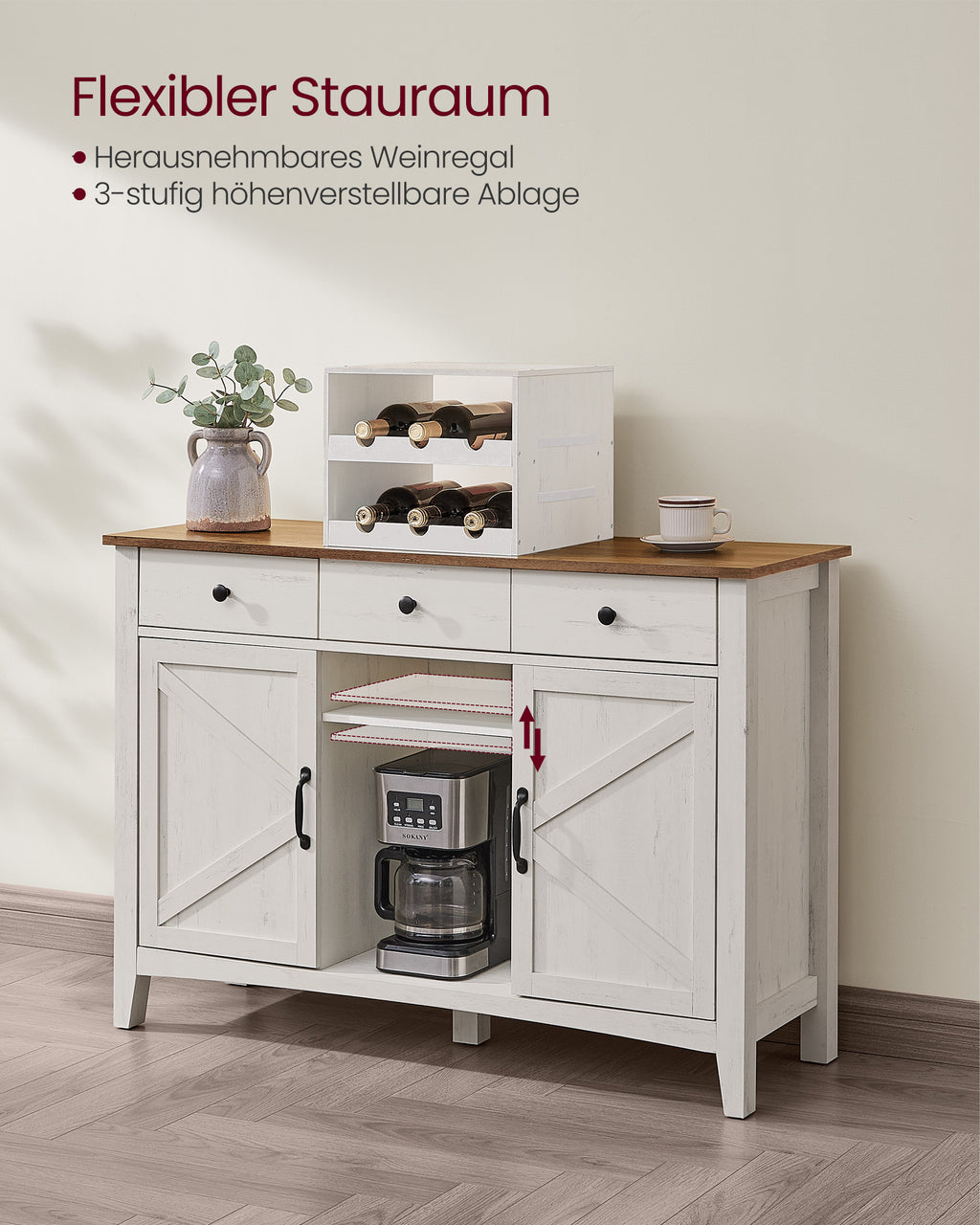 Küchenschrank mit Weinregal vintageweiß-honigbraun