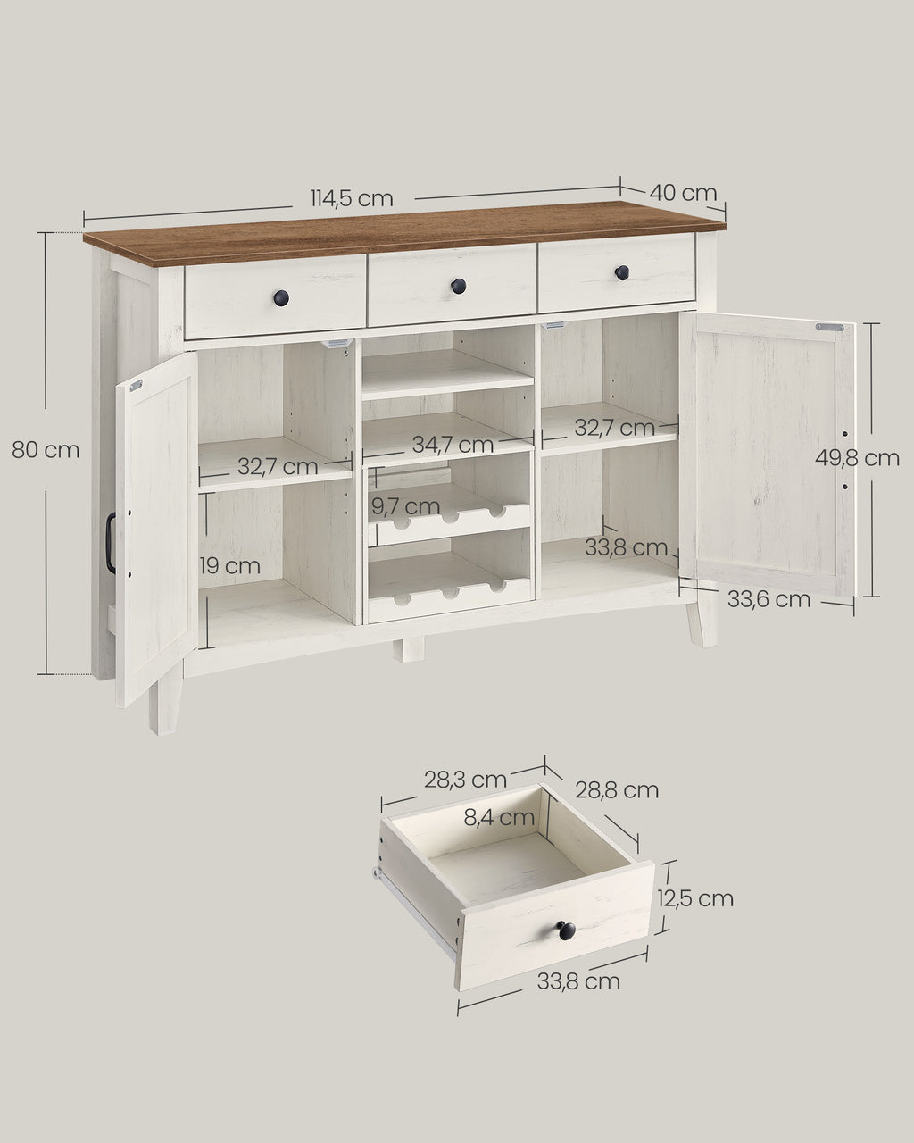 Küchenschrank mit Weinregal vintageweiß-honigbraun