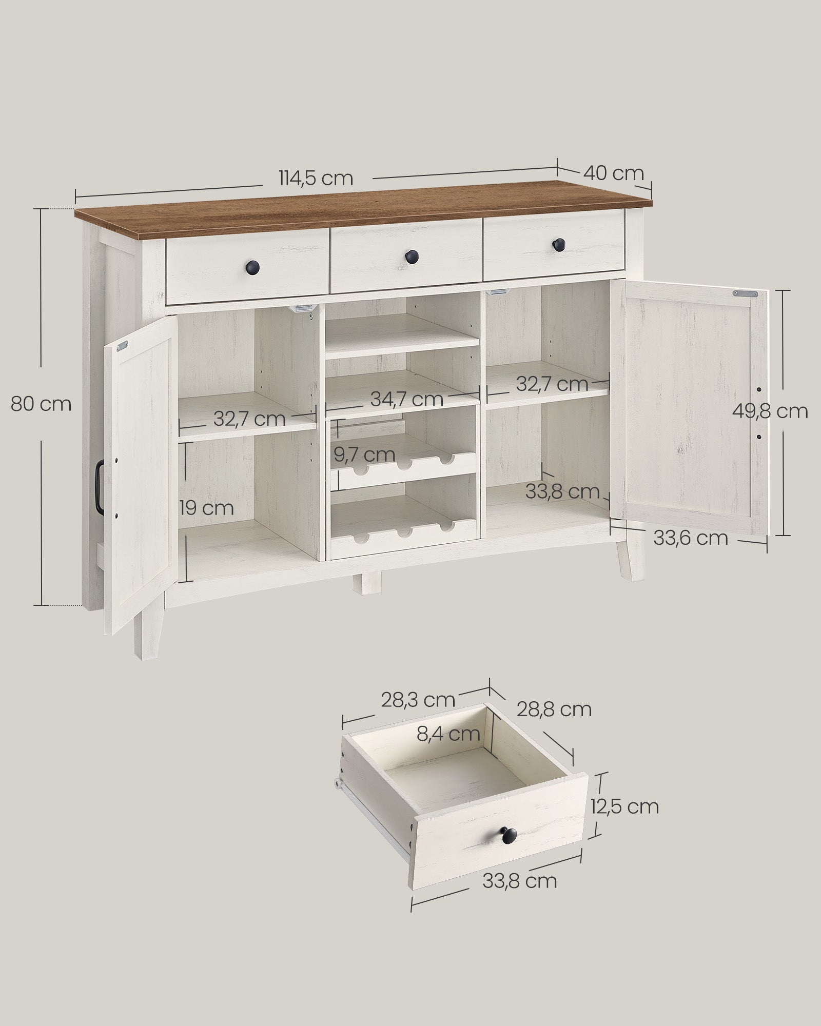 Küchenschrank mit Weinregal vintageweiß-honigbraun