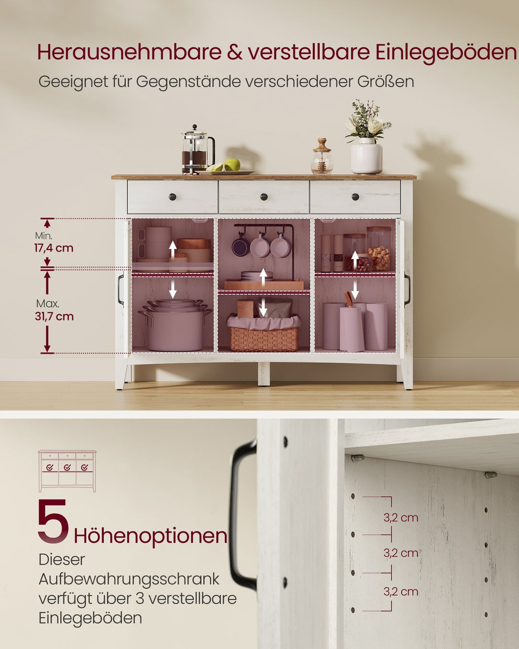 Sideboard im Landhausstil mit Schubladen und Türen