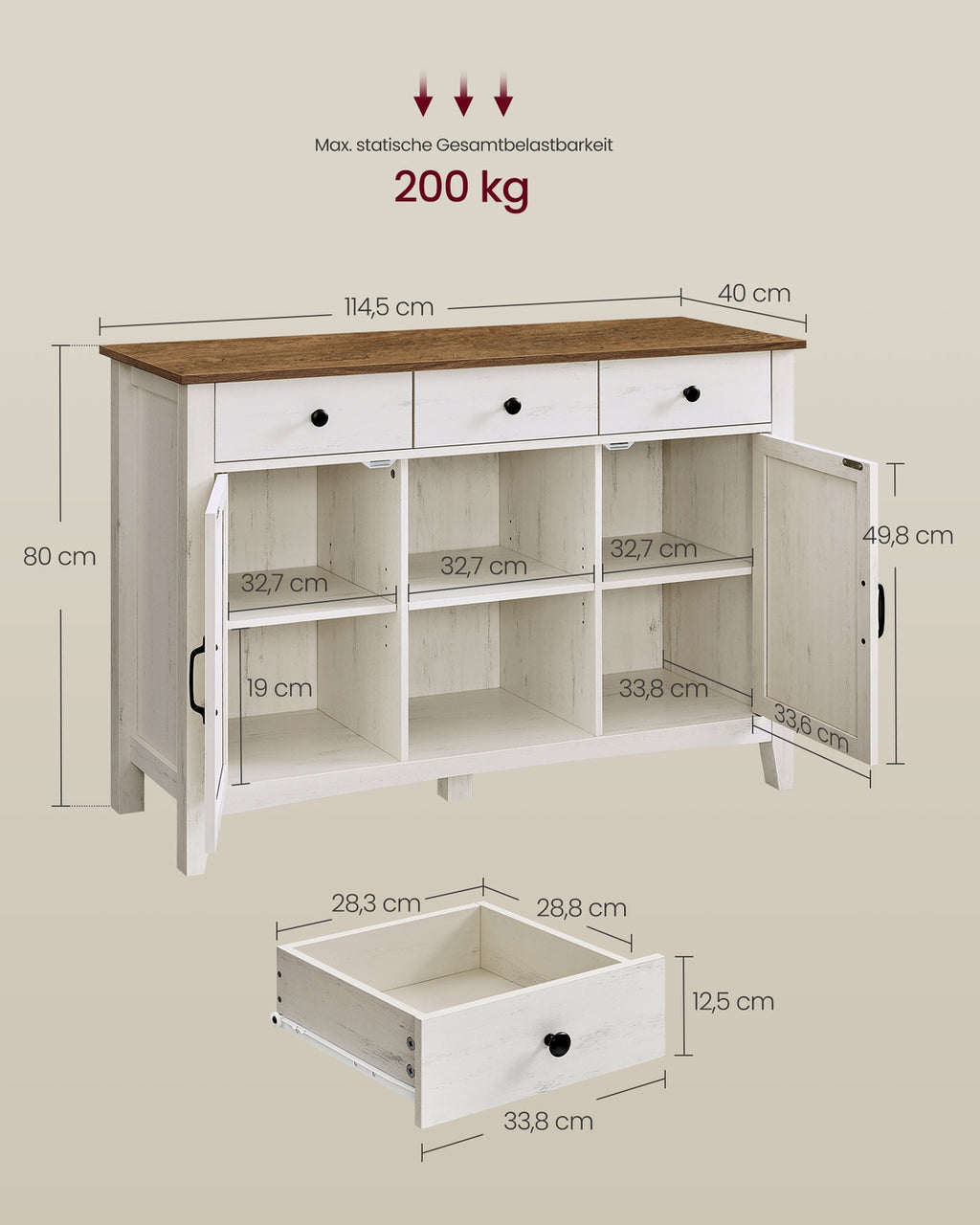 Sideboard im Landhausstil mit Schubladen und Türen
