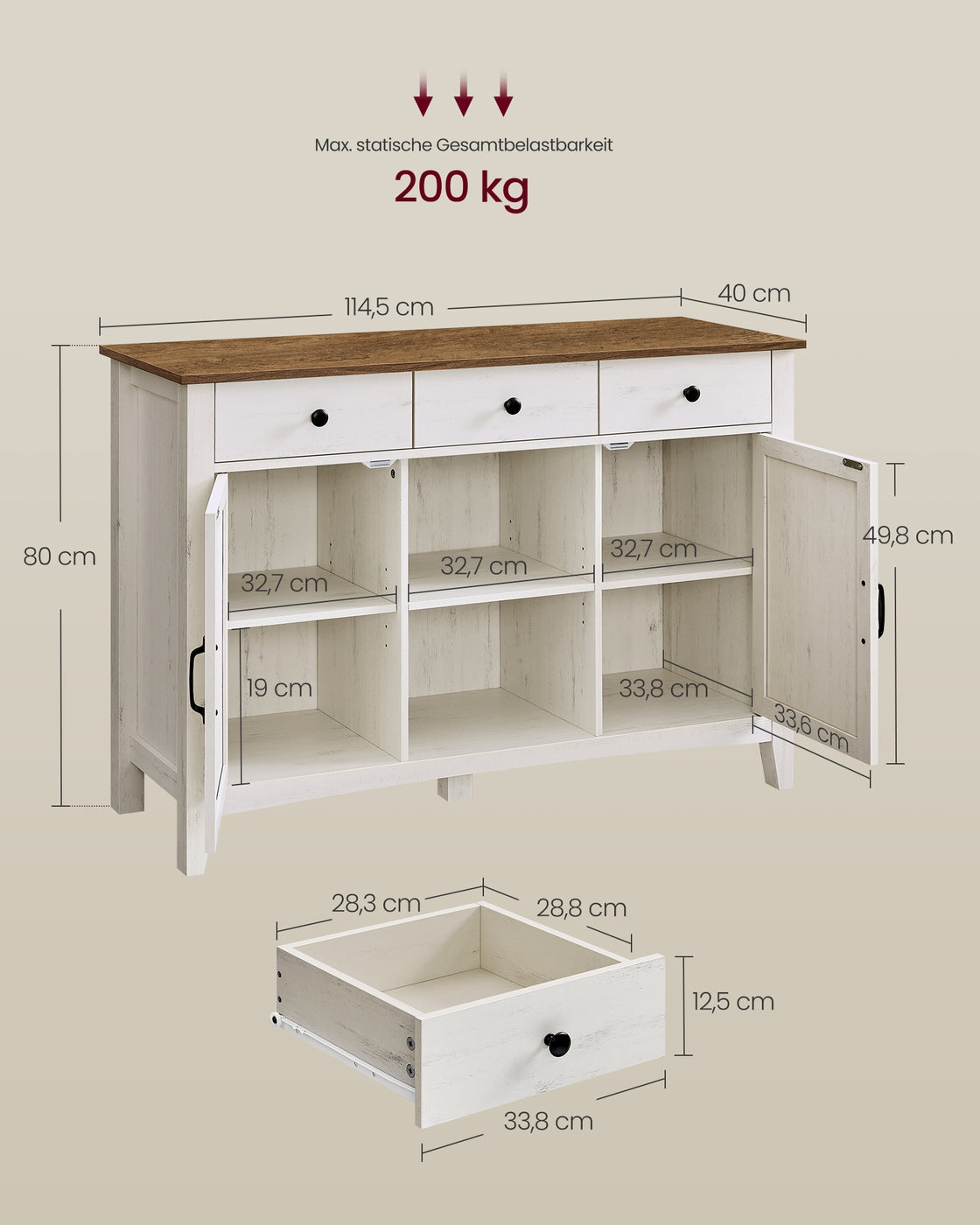 Sideboard im Landhausstil mit Schubladen und Türen