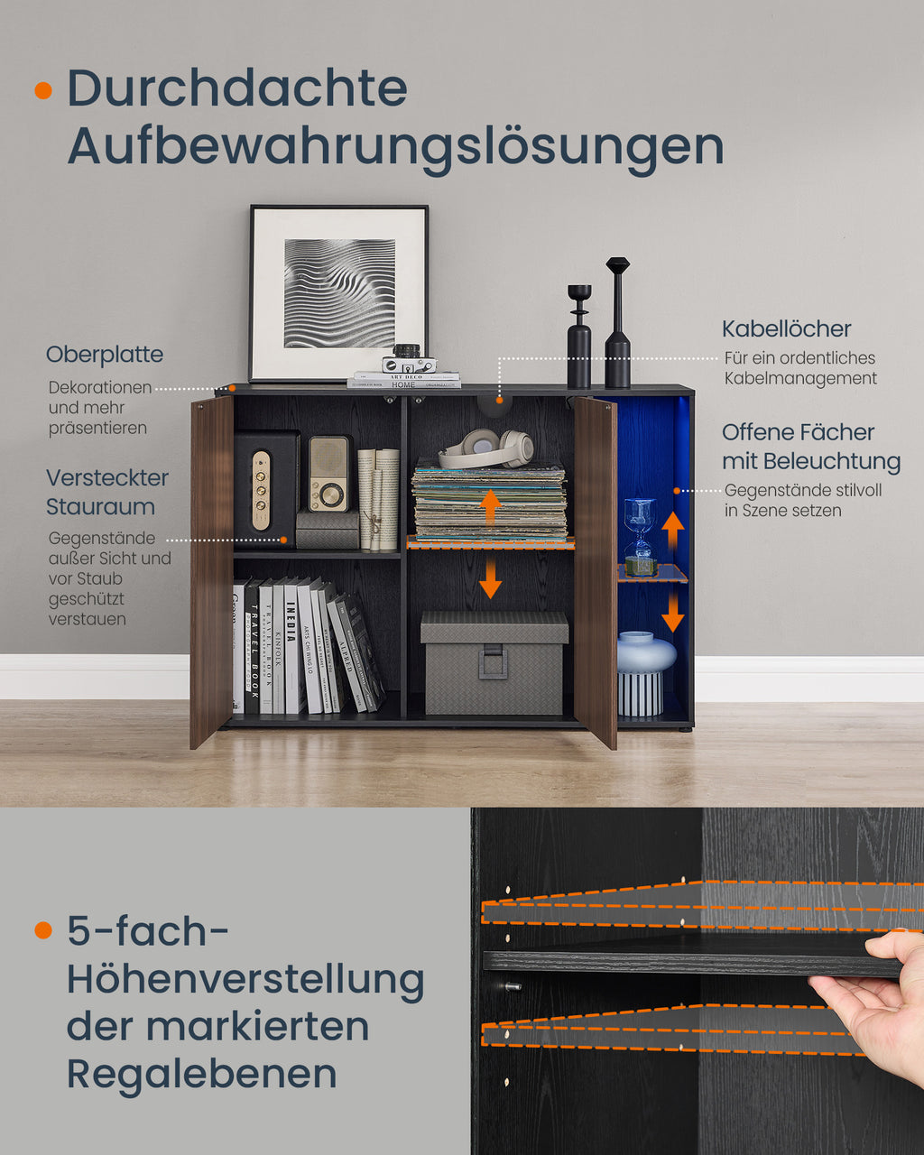 Sideboard mit Beleuchtung und Toolless-Technologie