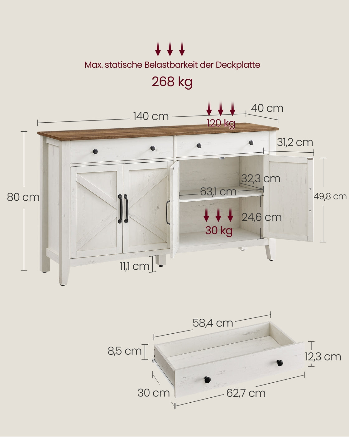 Küchenschrank mit Schubladen 40 x 140 x 80 cm