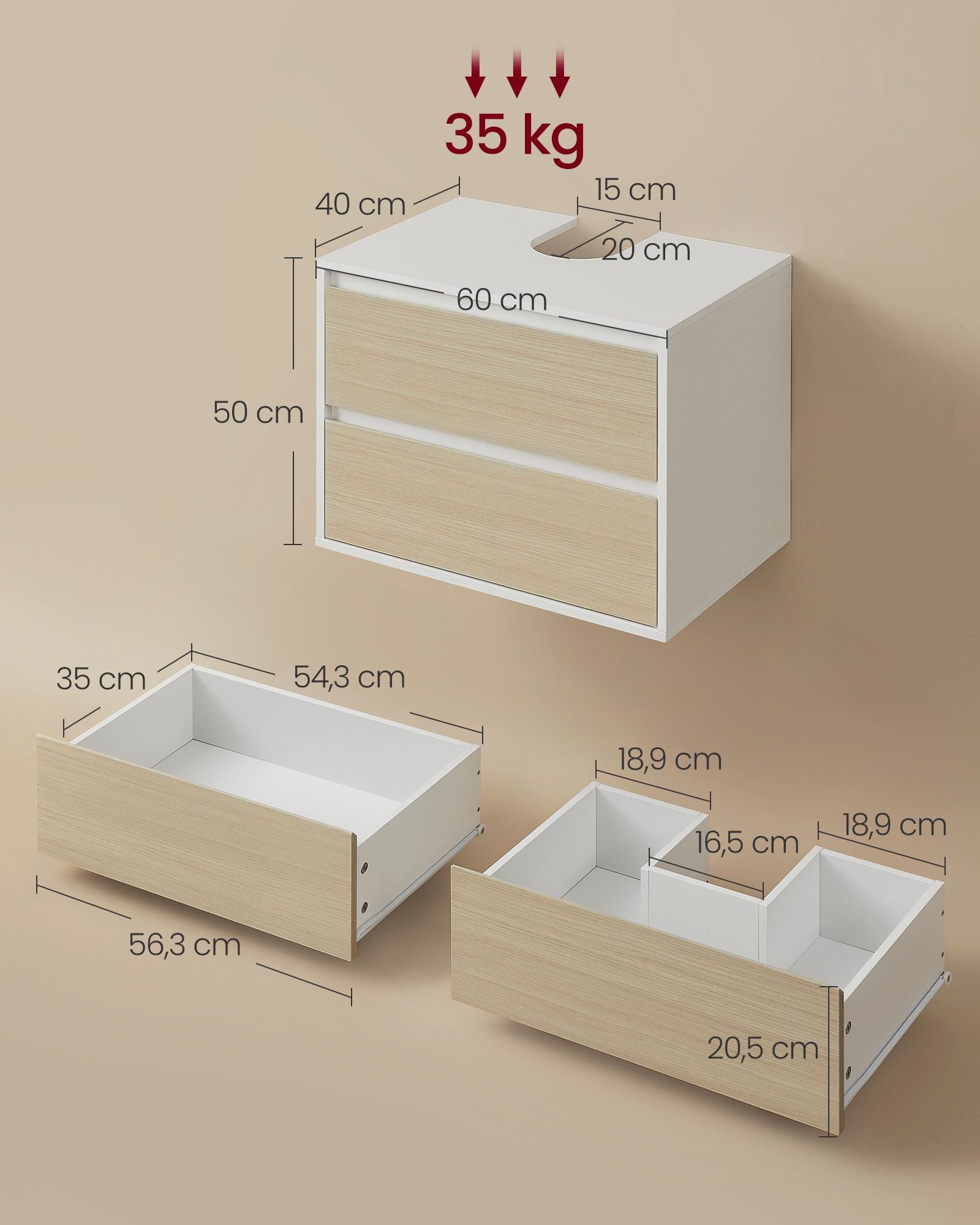 Waschbeckenunterschrank hängend mit 2 Schubladen